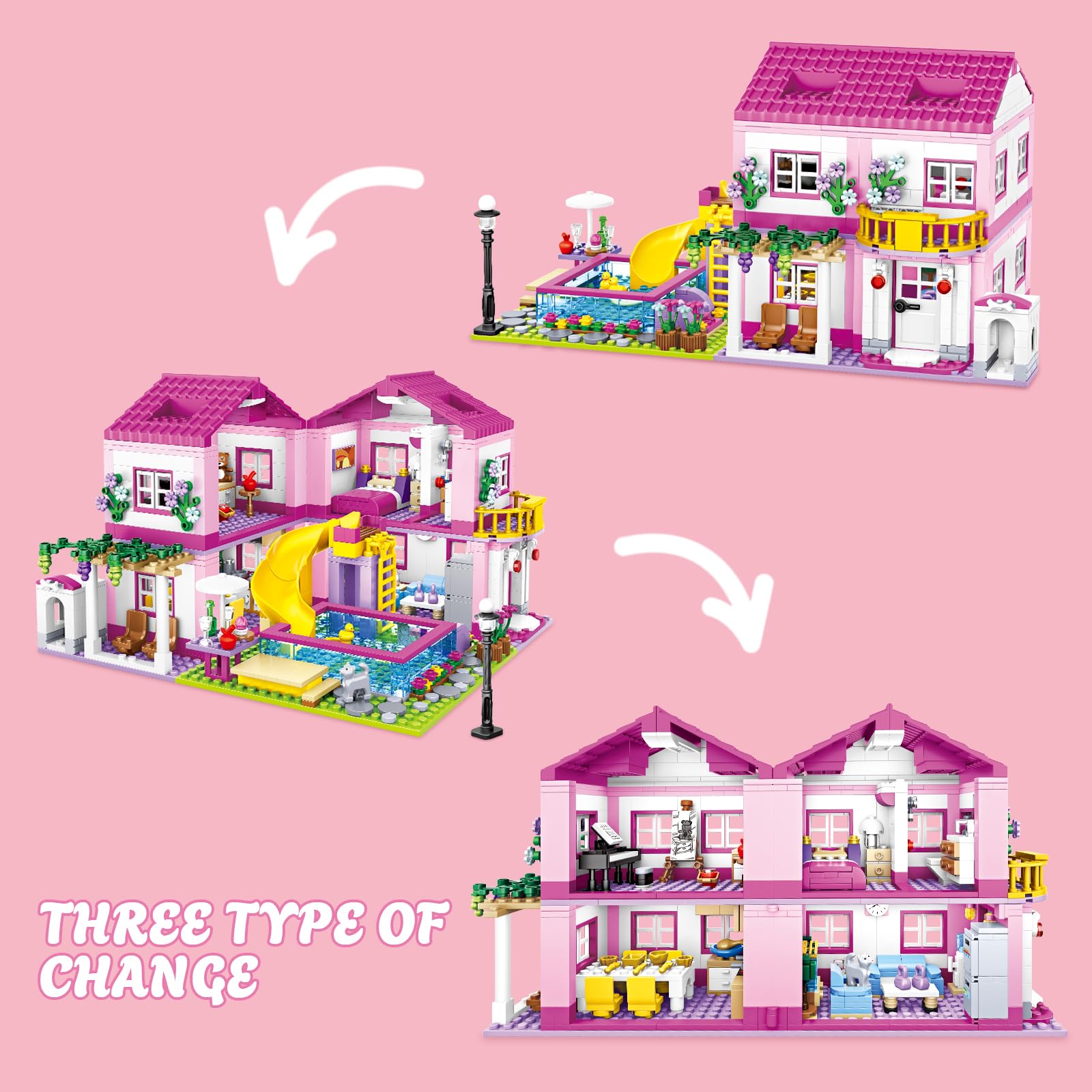 CSNRHG Pink Summer Pool Villa Building Block Set Friends Construction Educational Toy 1018 Pieces Gifts for Girls Teens Kids Adults Ages 6+