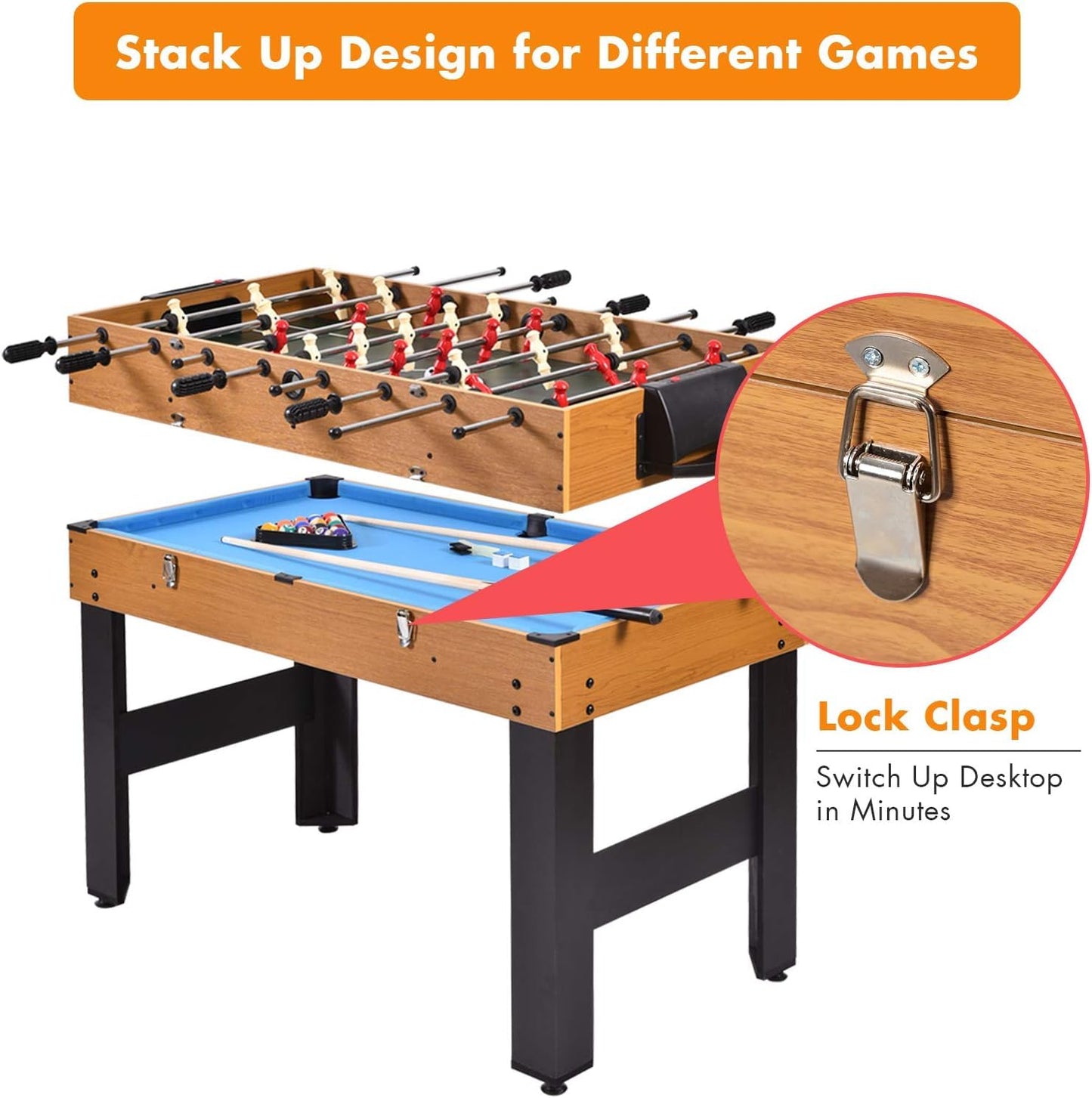 HOMGX 48" 3-in-1 Game Table, Wooden Game Table w/Football, Hockey, and Billiards, Game Size Combination Game Table for Parties, Family Nights,