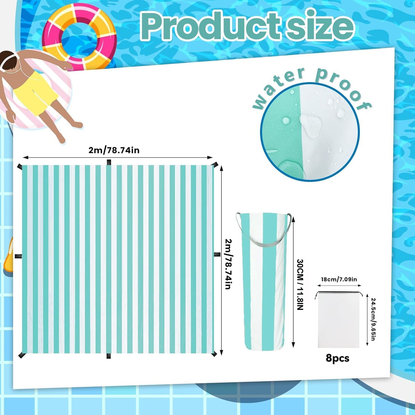 2 in 1 Beach Puddle/Beach Mat,6.5 x 6.5 ft Beach Pool with 8 Bags Waterproof Carrying Bag,Waterproof and Skin-Friendly Material Beach Puddle Green