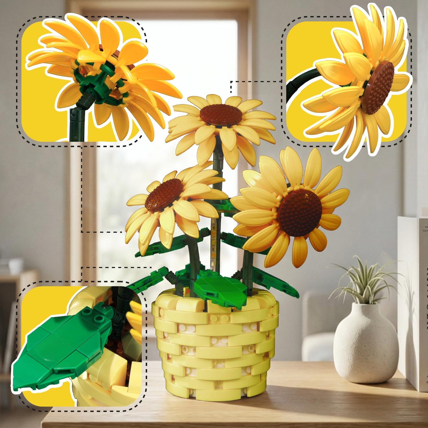 Sunflower Building Set with Motion Sensing LED Light- 465 PCS Botanical Collection Potted Plant Compatible with Lego, Artificial Flower Blocks