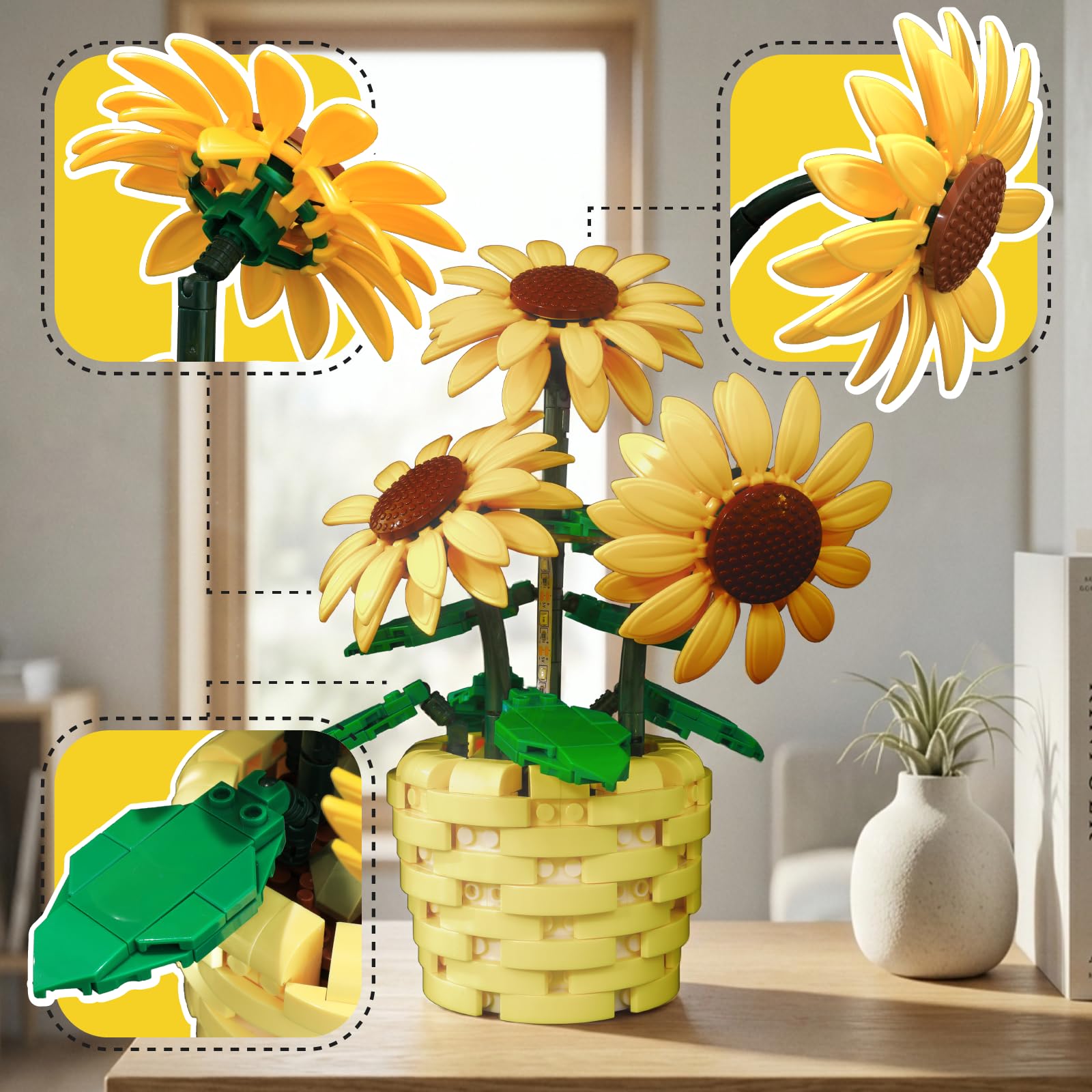 Sunflower Building Set with Motion Sensing LED Light- 465 PCS Botanical Collection Potted Plant Compatible with Lego, Artificial Flower Blocks