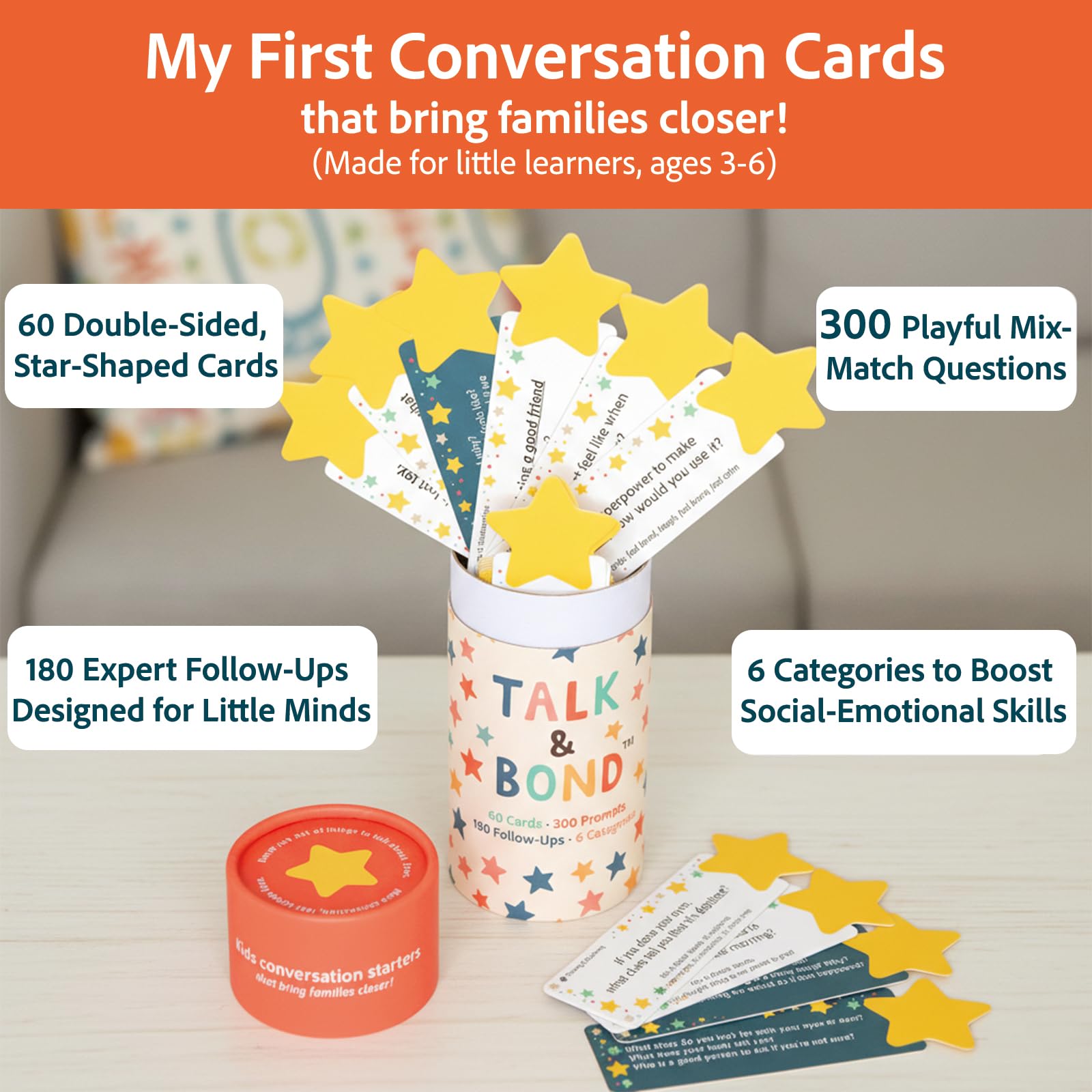 TALK & BOND Family Conversation Starter for Kids Ages 3-6 | 300 Questions + 180 Follow-Ups | Screen-Free Social Emotional Learning (SEL) Game