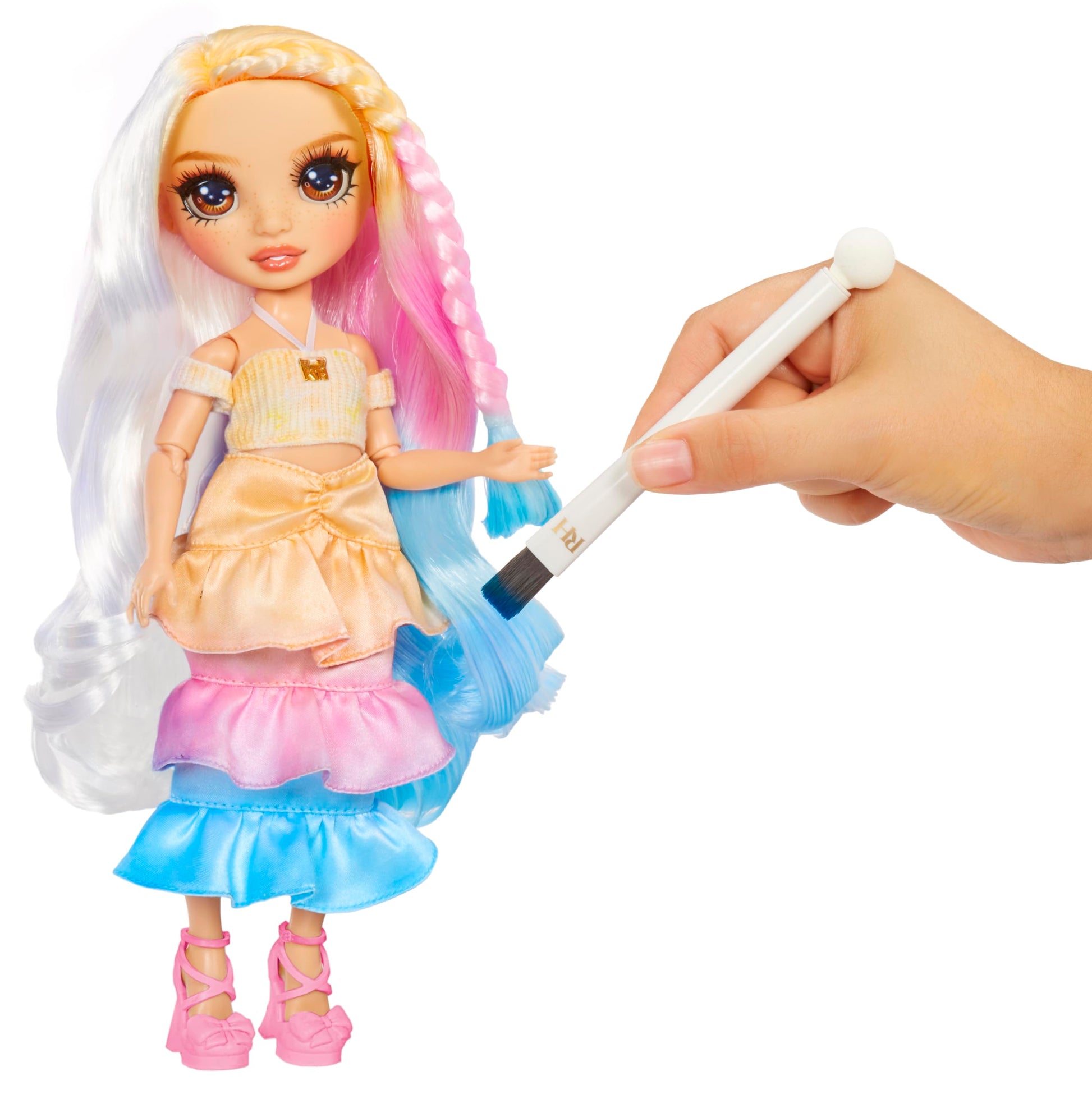 Rainbow High Watercolor & Create Fashion DIY Doll with Washable Watercolors + Tie-Dye Kit, Brown Eyes, Curled Hair, Bonus Top & Shoes. Color, Create