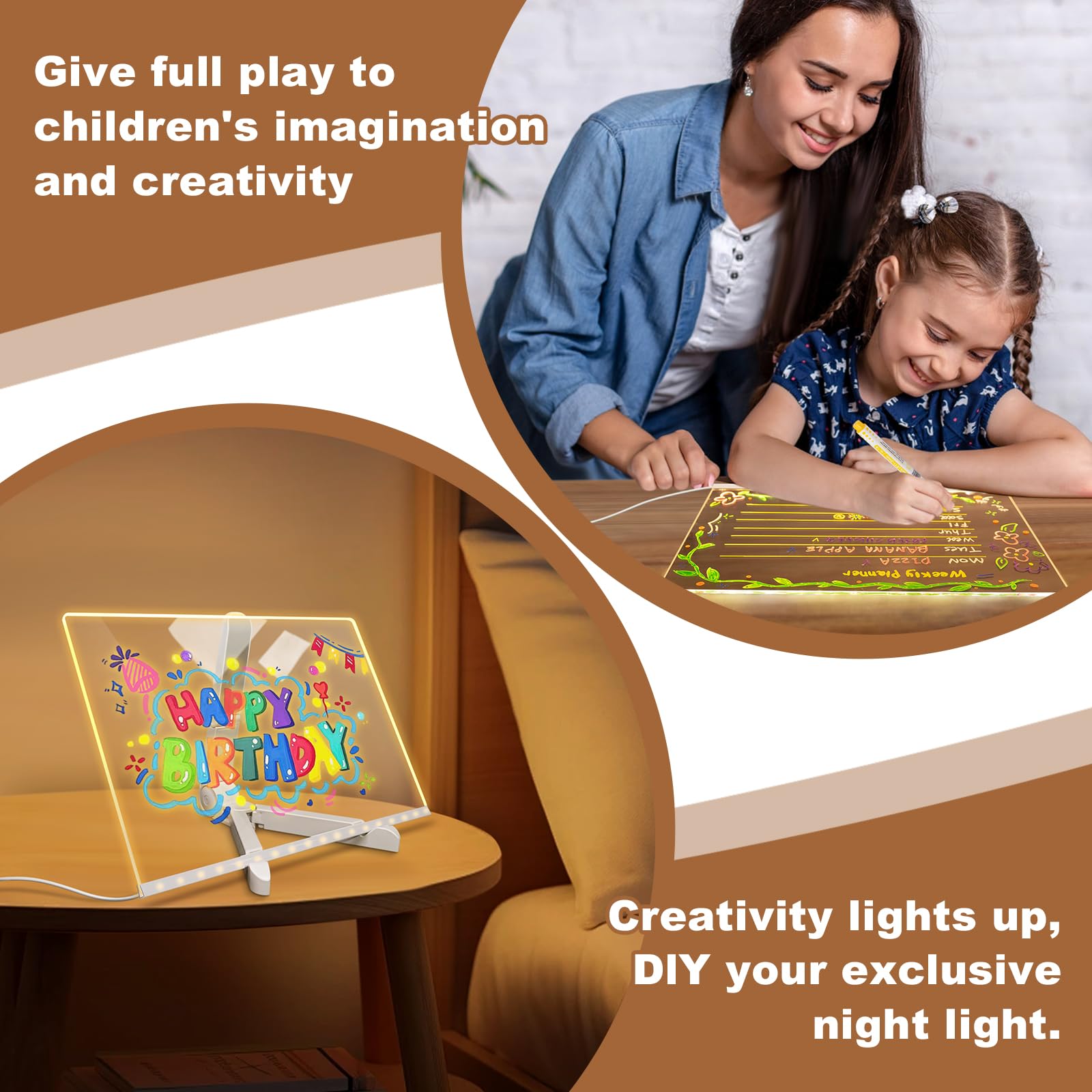 Led Drawing Board,12"x8" LED Note Board, with Stand,Equipped with Upgraded 8 Colorful Magnetic Dry-Erase Markers (with Eraser Caps), Easy to Clean