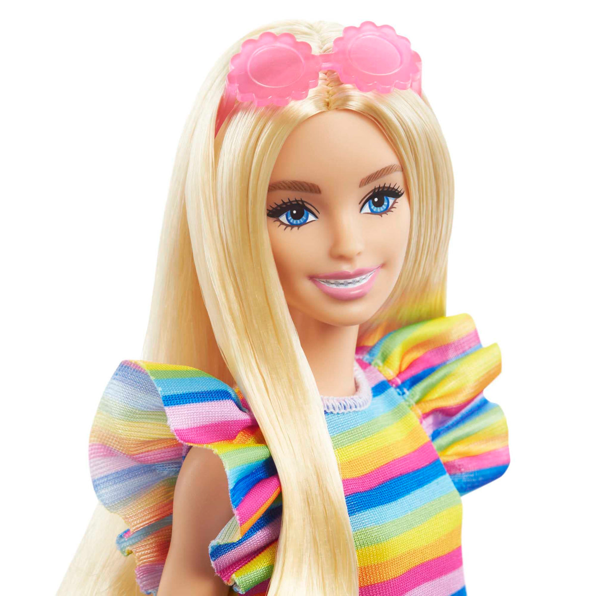 Barbie Fashionistas Doll #197 with Blonde Hair & Braces Wearing Rainbow Tiered Dress & Accessories Including Platform Shoes & Sunglasses