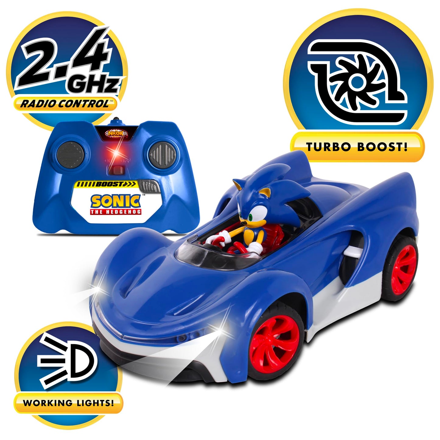 NKOK Team Sonic Racing 2.4GHz Radio Control Toy Car with Turbo Boost - Sonic the Hedgehog 601, Features Working Lights, Adjustable Front Wheel
