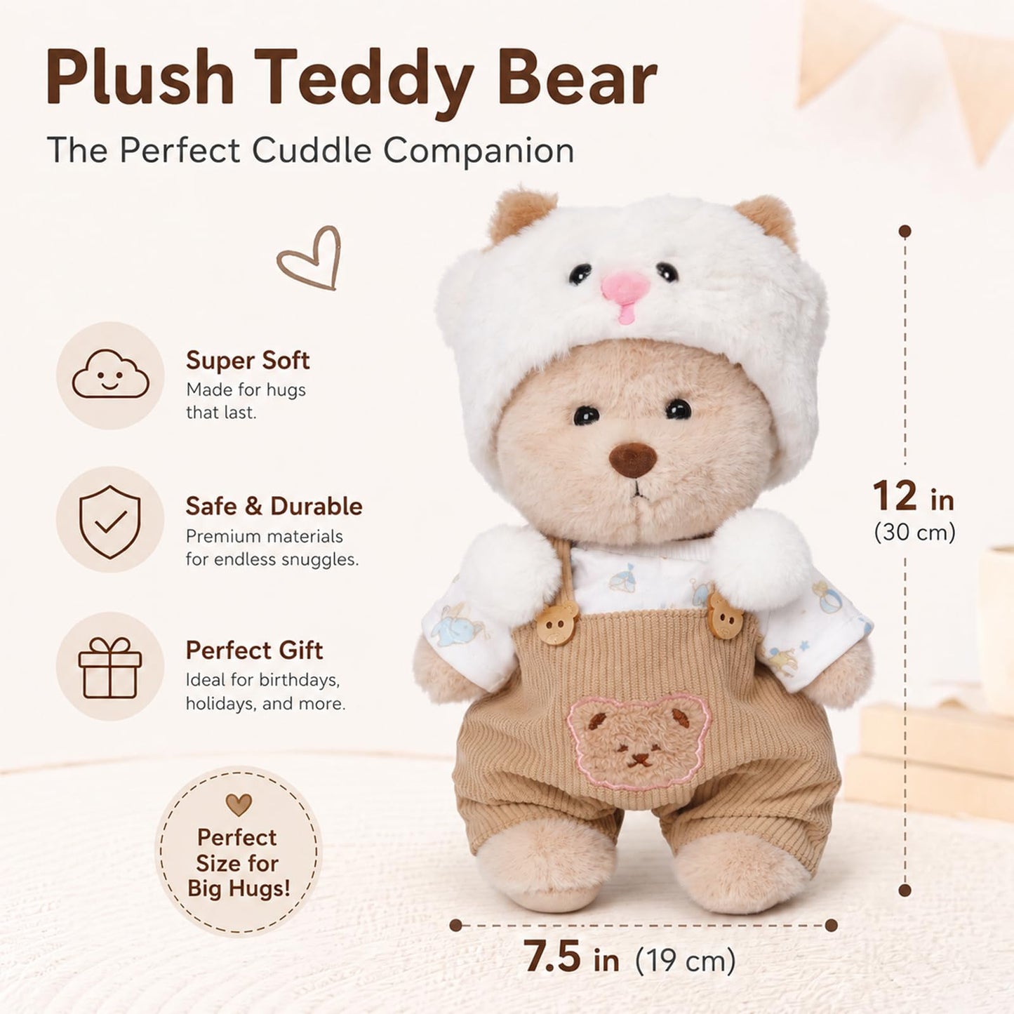 Tatuire Teddy Bear 11.8 Inch with One Clothing Stuff Animal Plush Gift for Kids Girls Women Birthday. (Brown Lamb Suit)
