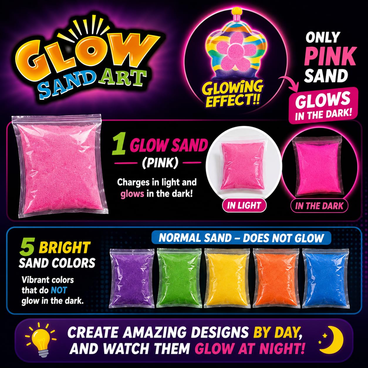 Glow Sand Art Kit, DIY Craft for Girls w/ 5 Necklace Bottles