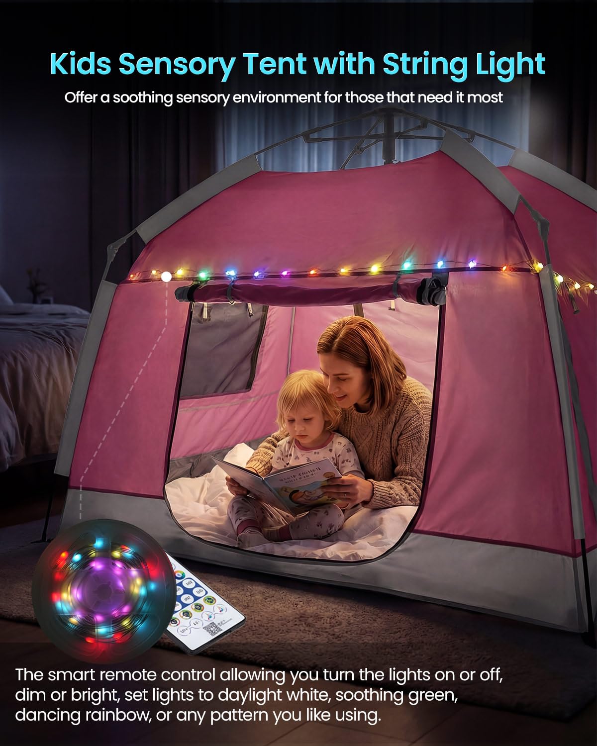 Kids Play Tent-Portable Playhouse Children House -Easy Set up Indoor Outdoor with Carry Bag for Kids-Light Strip Design for Night use -Space
