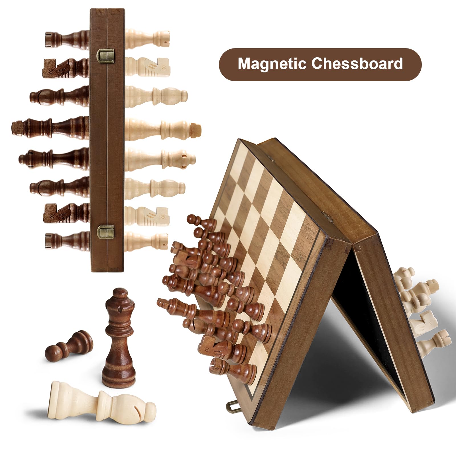 Durpeak Magnetic Wooden Chess Set, 2 Extra Queens, 15'' Folding Portable Travel Chessboard with Chess Pieces Storage Slots for Professional Tournament