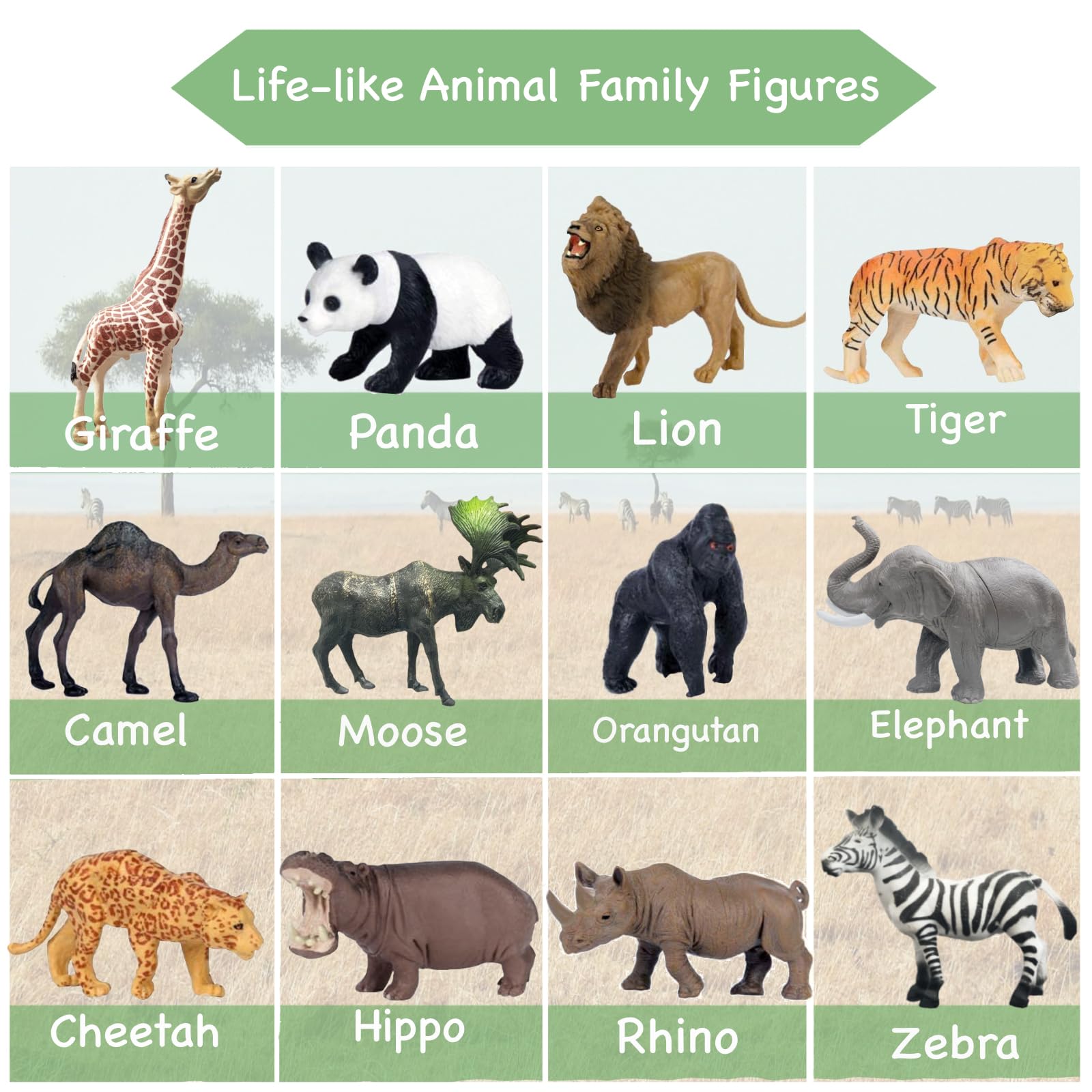 RUSON 12 Pcs Realistic Jungle Animal Figurines, Safari Animals Figures Toys Cake Topper Plastic African Wild Zoo Animals Playset Party Supplies