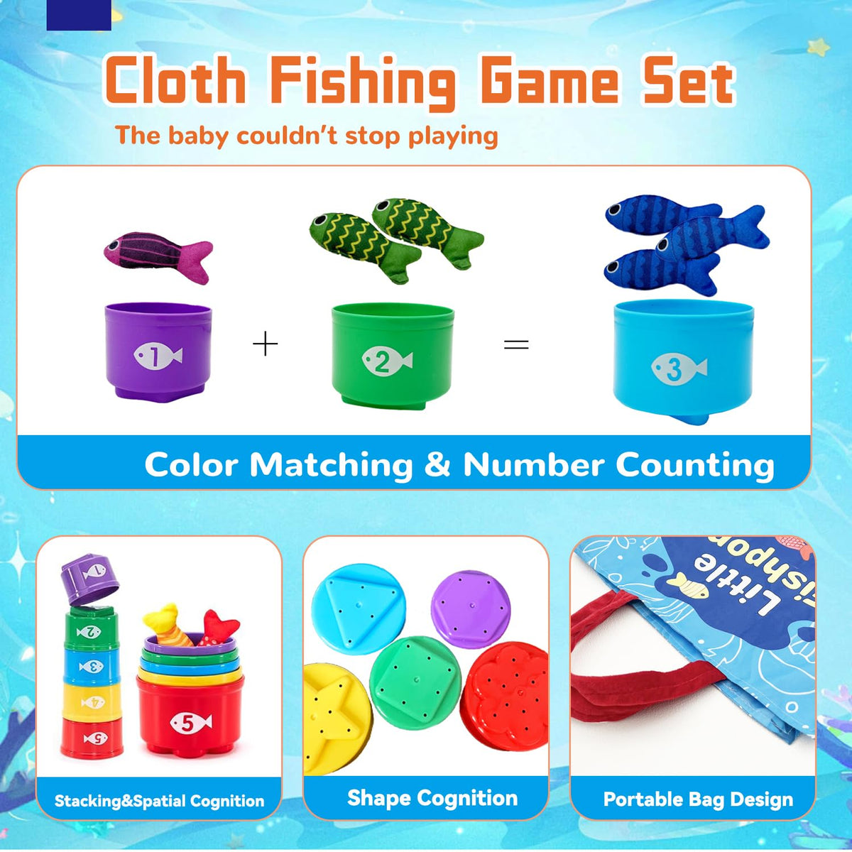 ZCMFHTD Montessori Toys for 1 Year Old, 22PCS Cloth Fishing Game with Stacking Cups Sensory Baby Toys 6-12 Months,Toddler Education Learning Toys