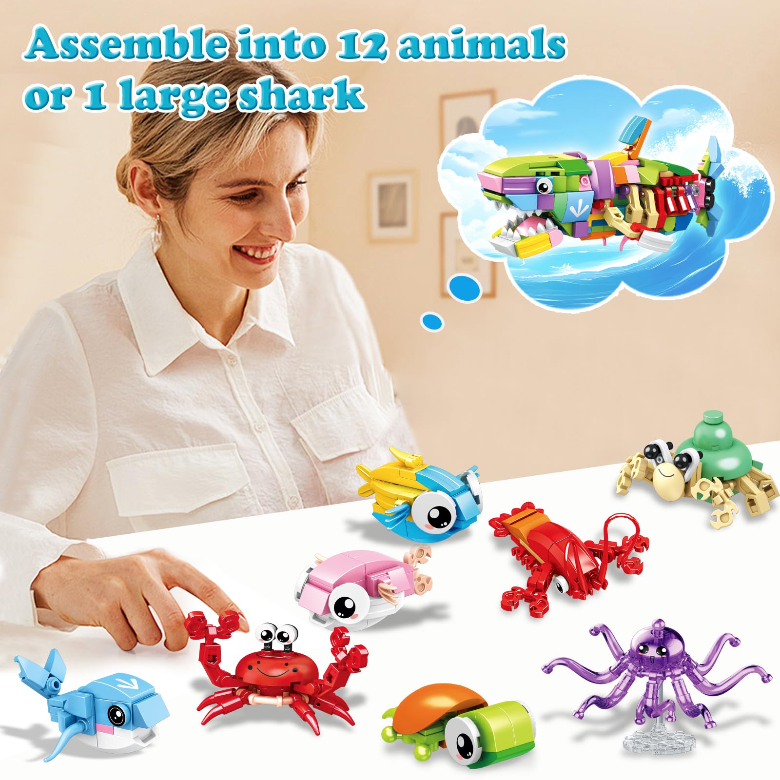 HIGH GODO 12 Pack Party Favors Building Set, 12 in 1 Shark Marine Animals Building Blocks Toy for Goodie Bag Stuffers Party Gifts, Easter Birthday