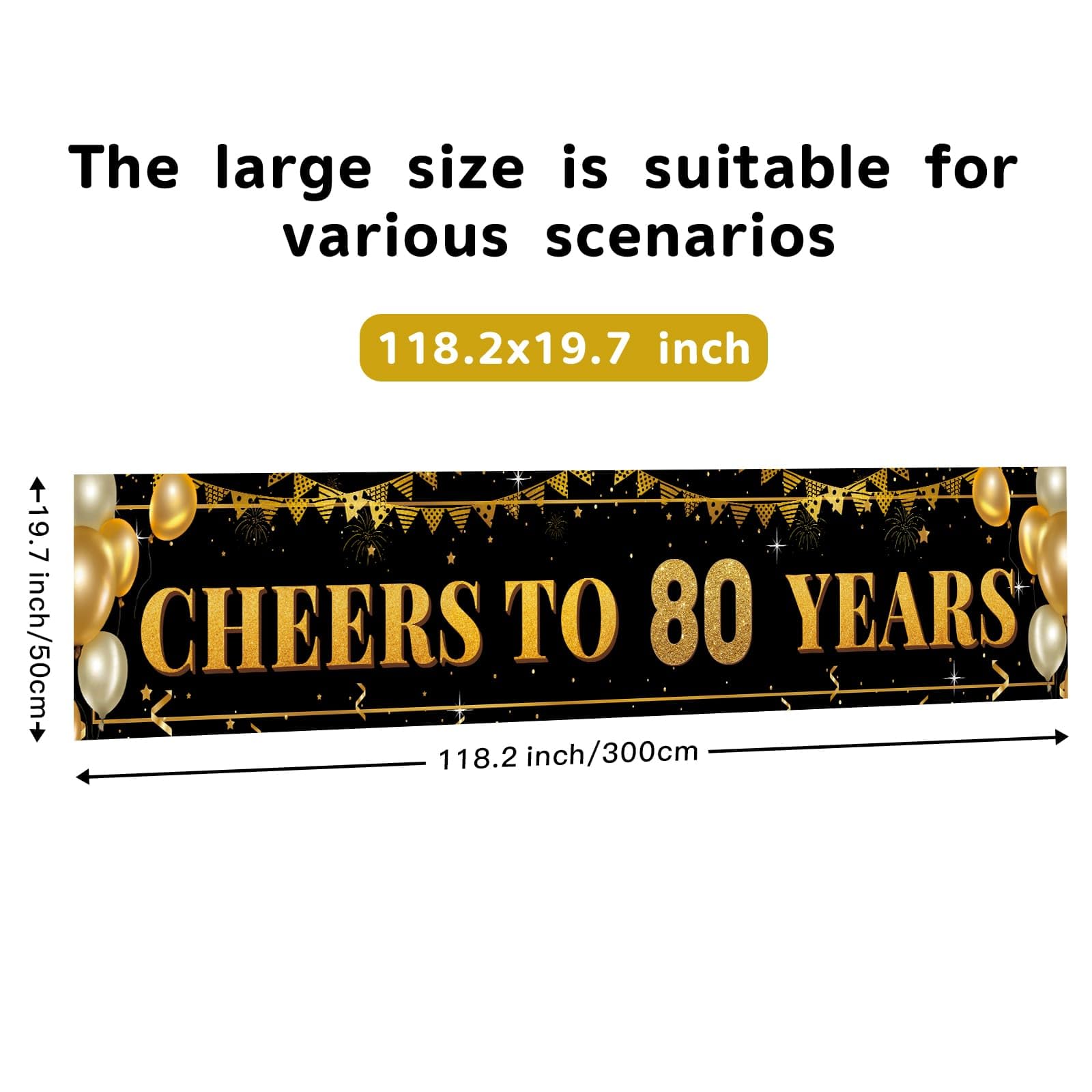 80th Birthday Decorations for Men & Women - 10ft "Cheers to 80 Years" Black & Gold 80th Birthday Banner - Large Elegant Backdrop for Indoor, Yard