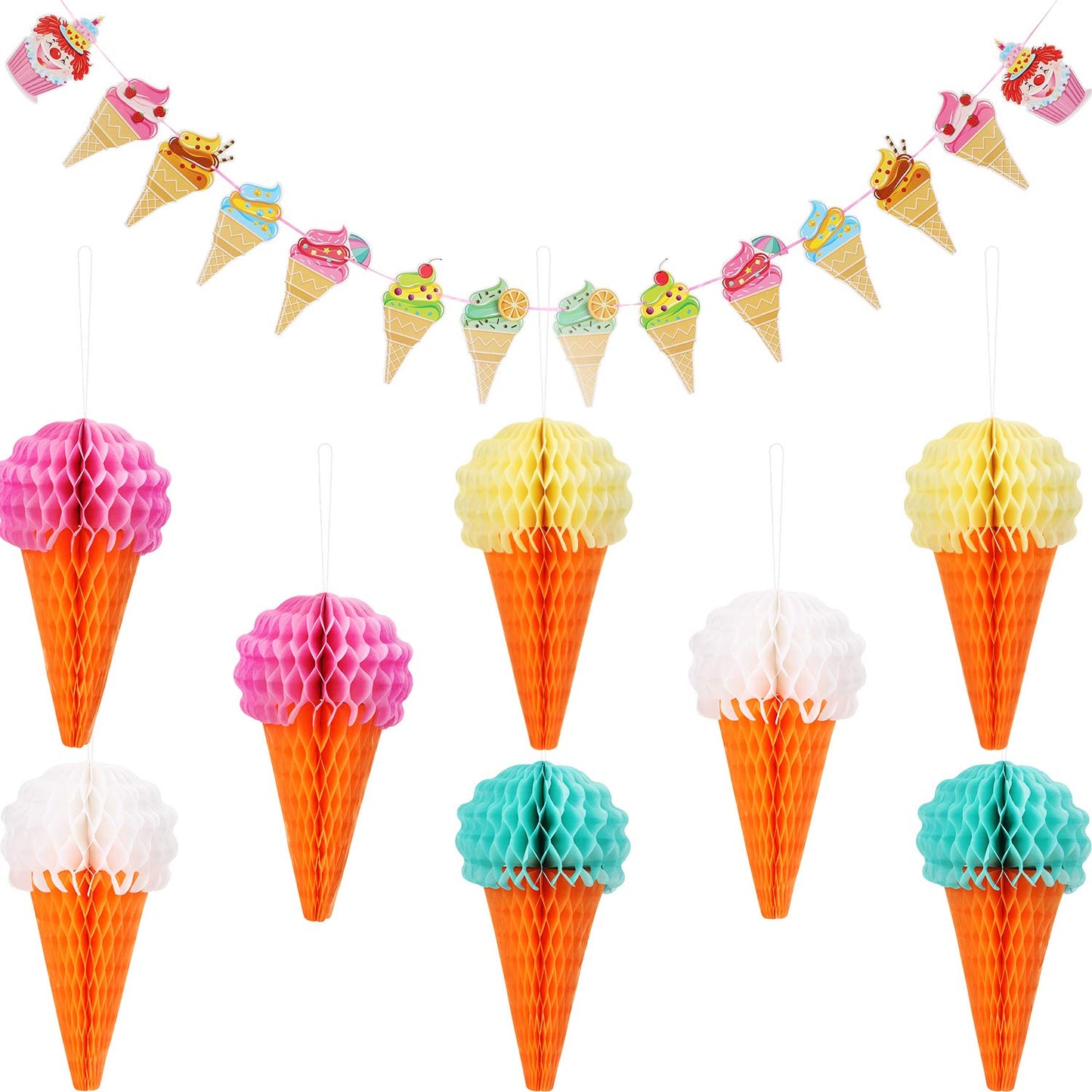 Maitys 9 Pieces Ice Cream Party Decorations Hanging Honeycomb Ice Cream Tissue Paper Party Banner Ceiling Sign Decor for Wedding Birthday Summer Favor