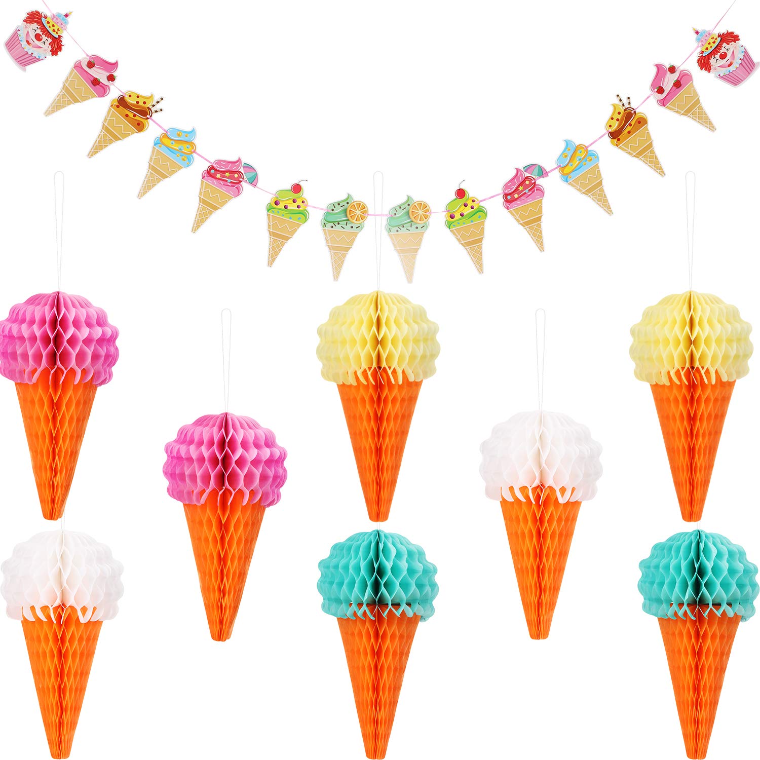 Maitys 9 Pieces Ice Cream Party Decorations Hanging Honeycomb Ice Cream Tissue Paper Party Banner Ceiling Sign Decor for Wedding Birthday Summer Favor