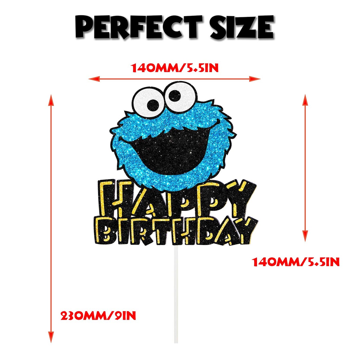 Cookie Monster Happy Birthday Cake Topper - Blue Glitter Happy Birthday - Birthday Party Cartoon Decorations Supplies - Cake Decoration for Girls or