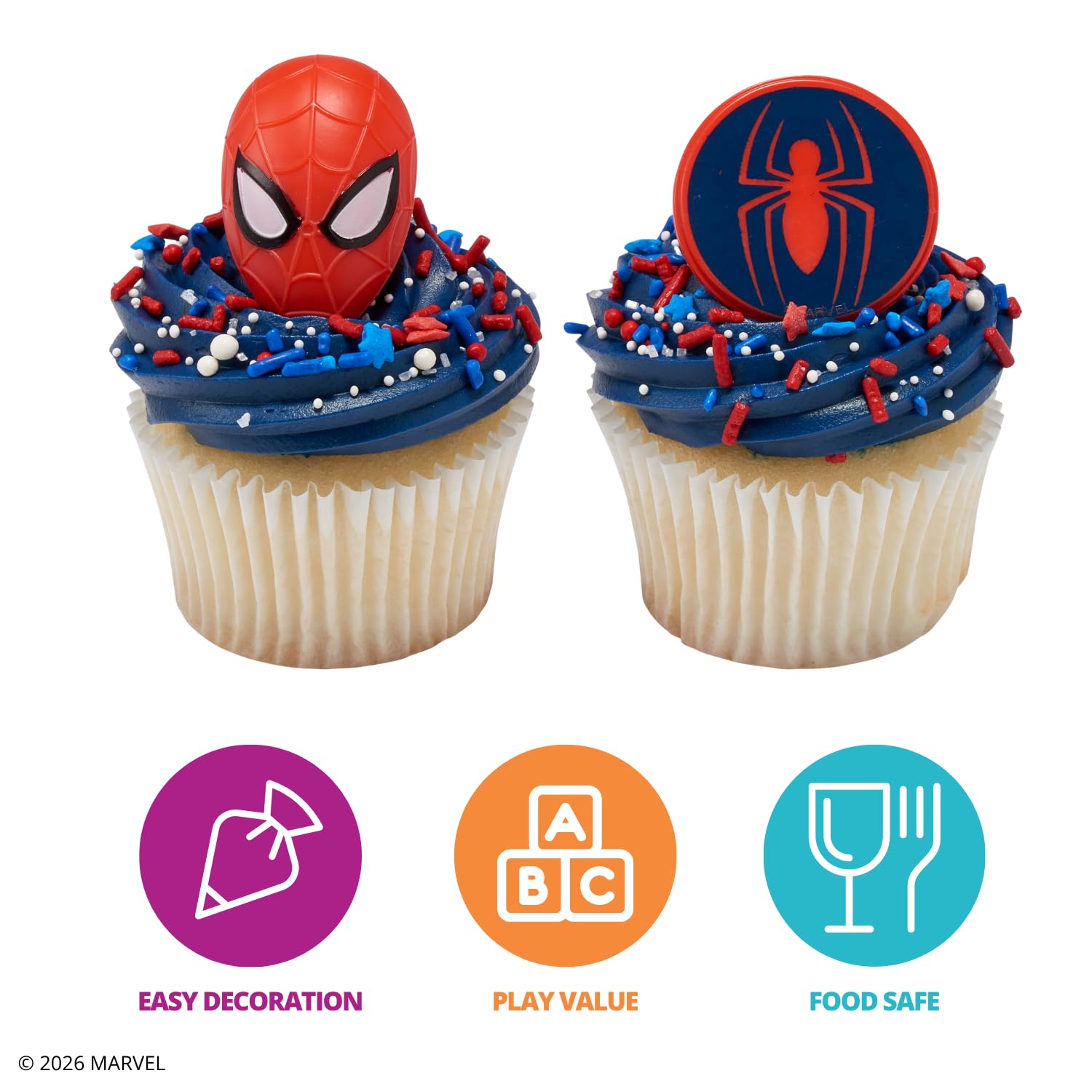 DecoPac Marvel's Spider-Man™ Spider and Mask Rings, Spider-Man Cupcake Decorations, Red and Blue Food Safe Cake Toppers - 24 Pack