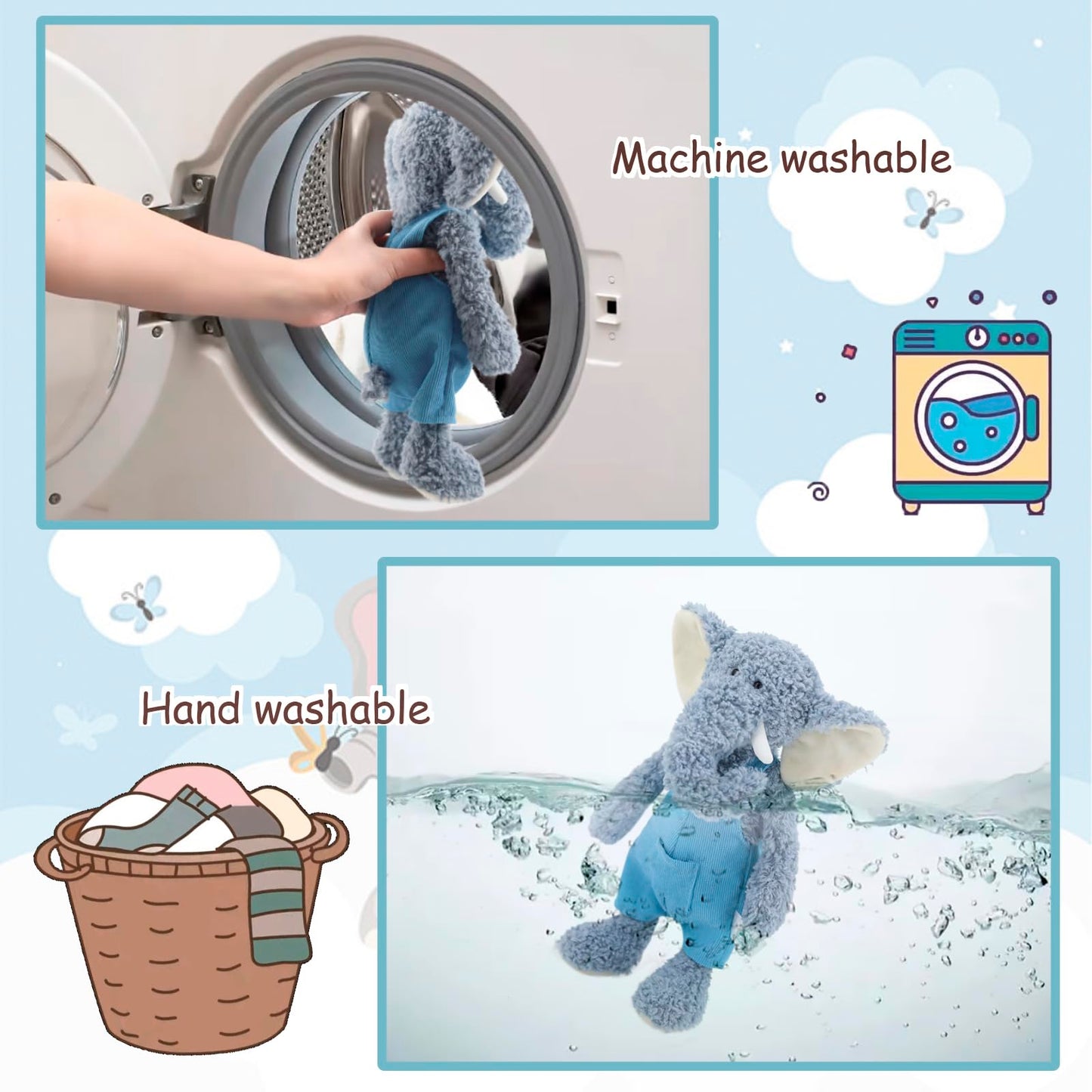 MR ViviCare 16" Soft Blue Elephant Stuffed Animals for Boys and Girls,Cuddly Knitted Dressed Stuffed Elephant Plush Toys for Newborn Babies