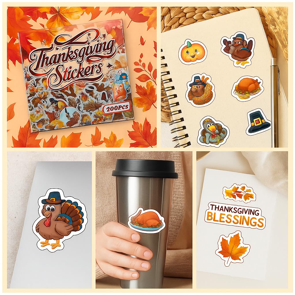 200 Pcs Thanksgiving Stickers Pack - Waterproof Vinyl Fall Stickers for Water Bottles, Laptops, Scrapbooks, Crafts & Party Favors - Cute Autumn
