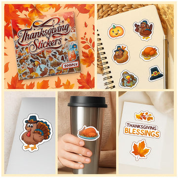 200 Pcs Thanksgiving Stickers Pack - Waterproof Vinyl Fall Stickers for Water Bottles, Laptops, Scrapbooks, Crafts & Party Favors - Cute Autumn