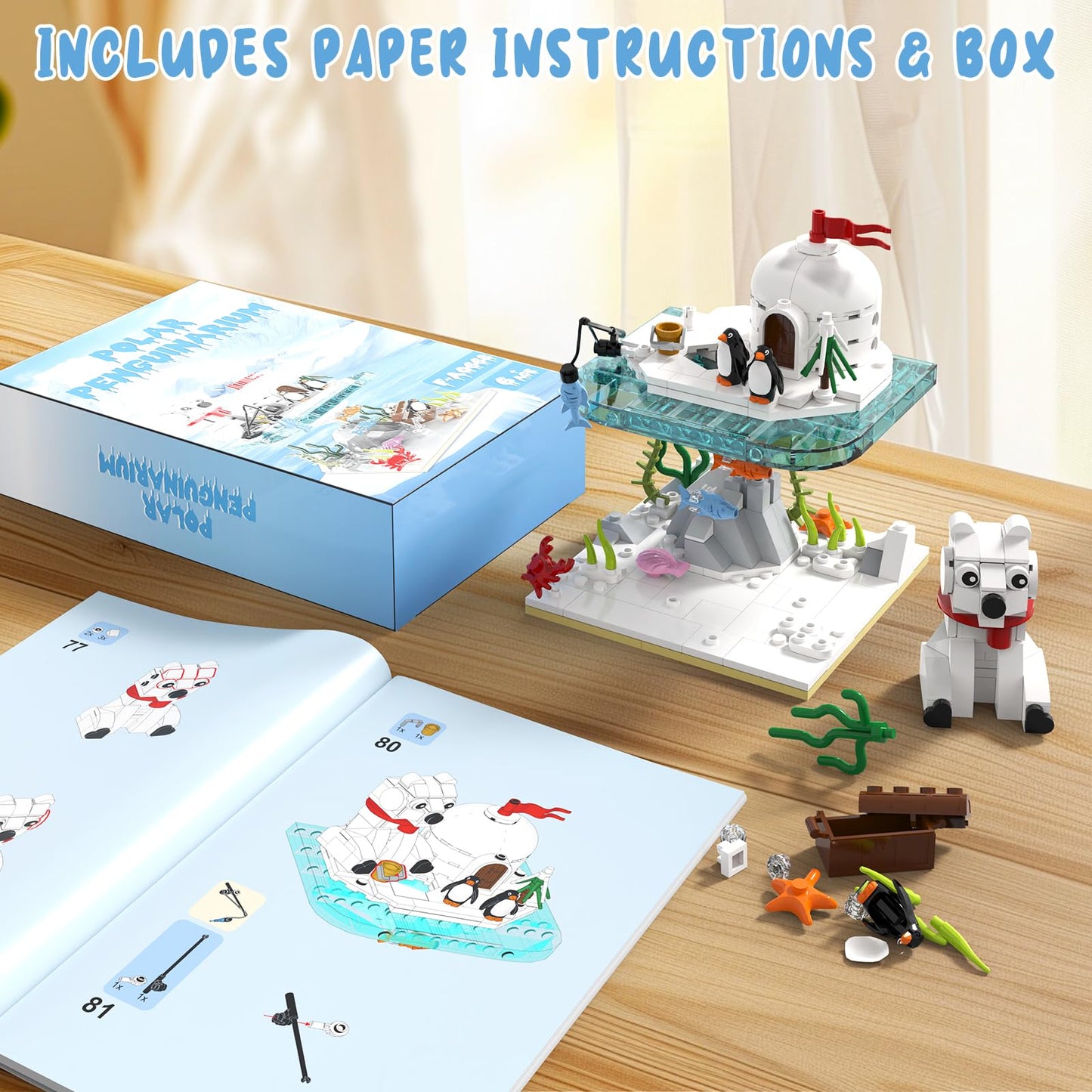 aphpaio Christmas Polar Bear and Penguin Building Set, Sea Animals Building Kit Winter Village, Includes Igloo Fish Crab Sea Animals, Brithday Gift