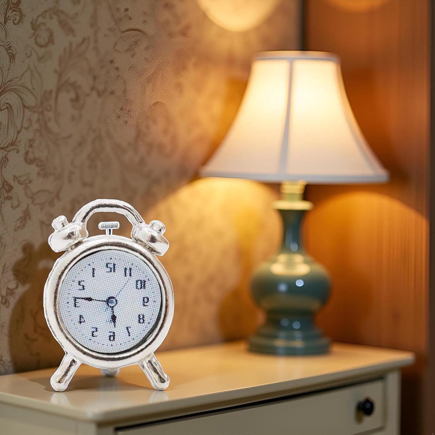 Miniature Alarm Clock 1/12 Scale, Tiny Silver Decor for Dollhouse, Diorama Props, Model Displays and Miniature Room Accessories (0.4x0.6 Inch)