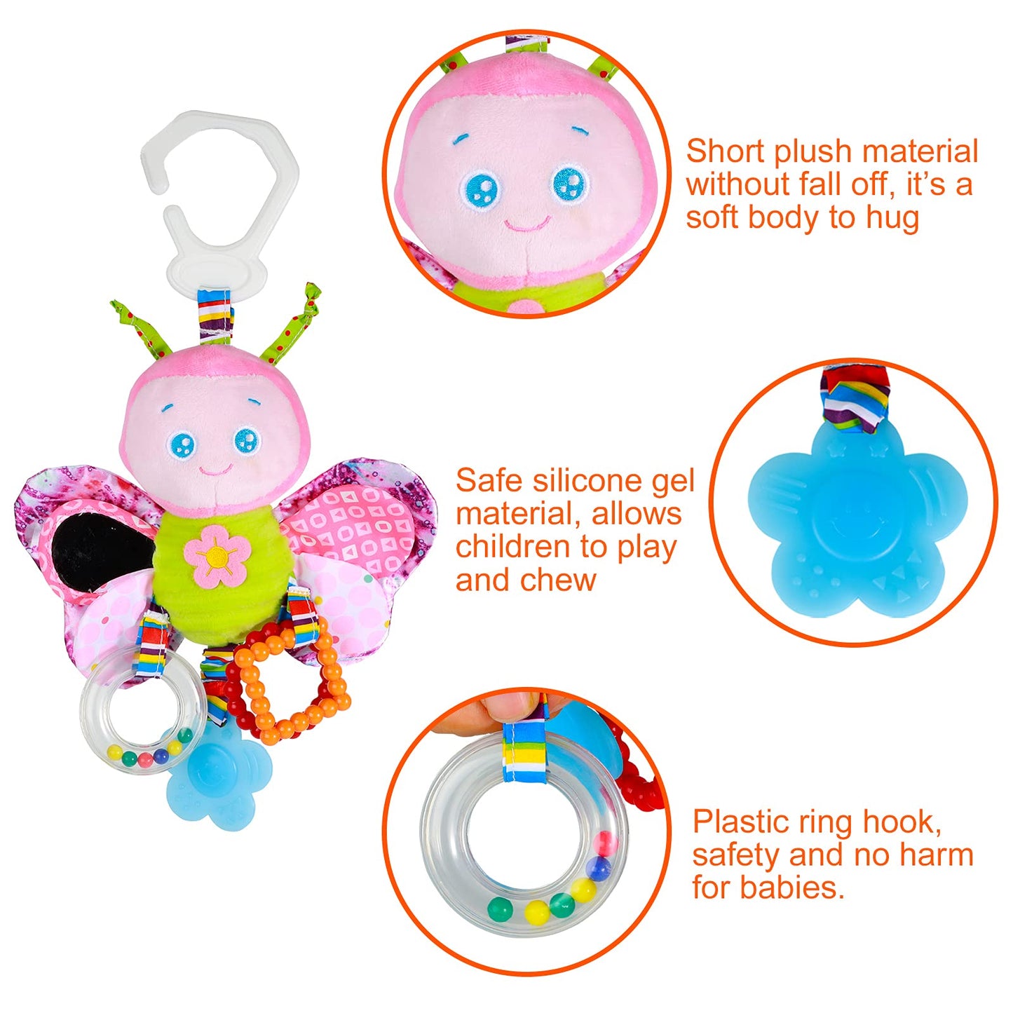 Funsland Baby Stroller Toy and Car Seat Toy for Infant with Teether Hanging Rattle Toys Clip on Stroller Toy Soft Plush Baby Toys for Boys and Girls