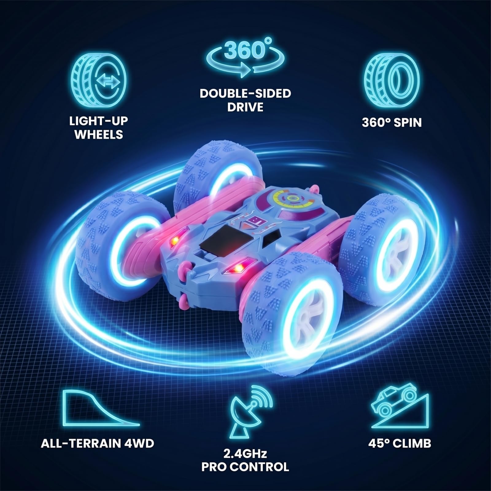 HAFASKA 2.4GHz RC Stunt Car with LED Wheels 4WD Double Sided