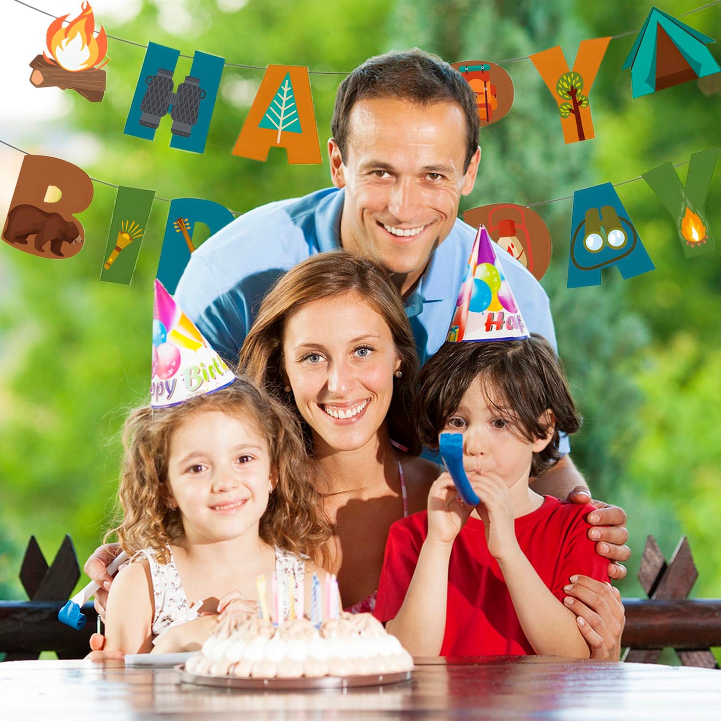 BIEUFBJI Camping Happy Birthday Banner - Outdoor Yard Campsite Decor, Fun House Banner with Campfire Tent Oil Lamp Adventure Camping Birthday Party