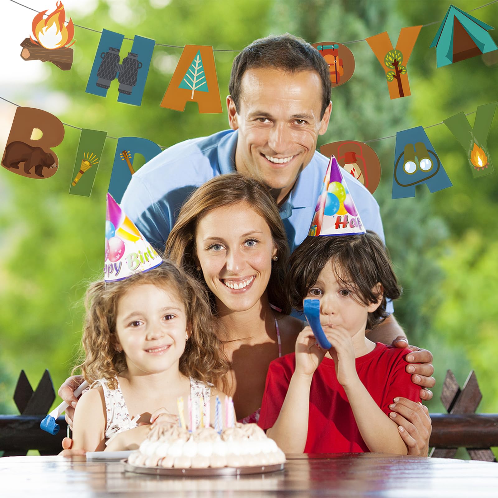 BIEUFBJI Camping Happy Birthday Banner - Outdoor Yard Campsite Decor, Fun House Banner with Campfire Tent Oil Lamp Adventure Camping Birthday Party