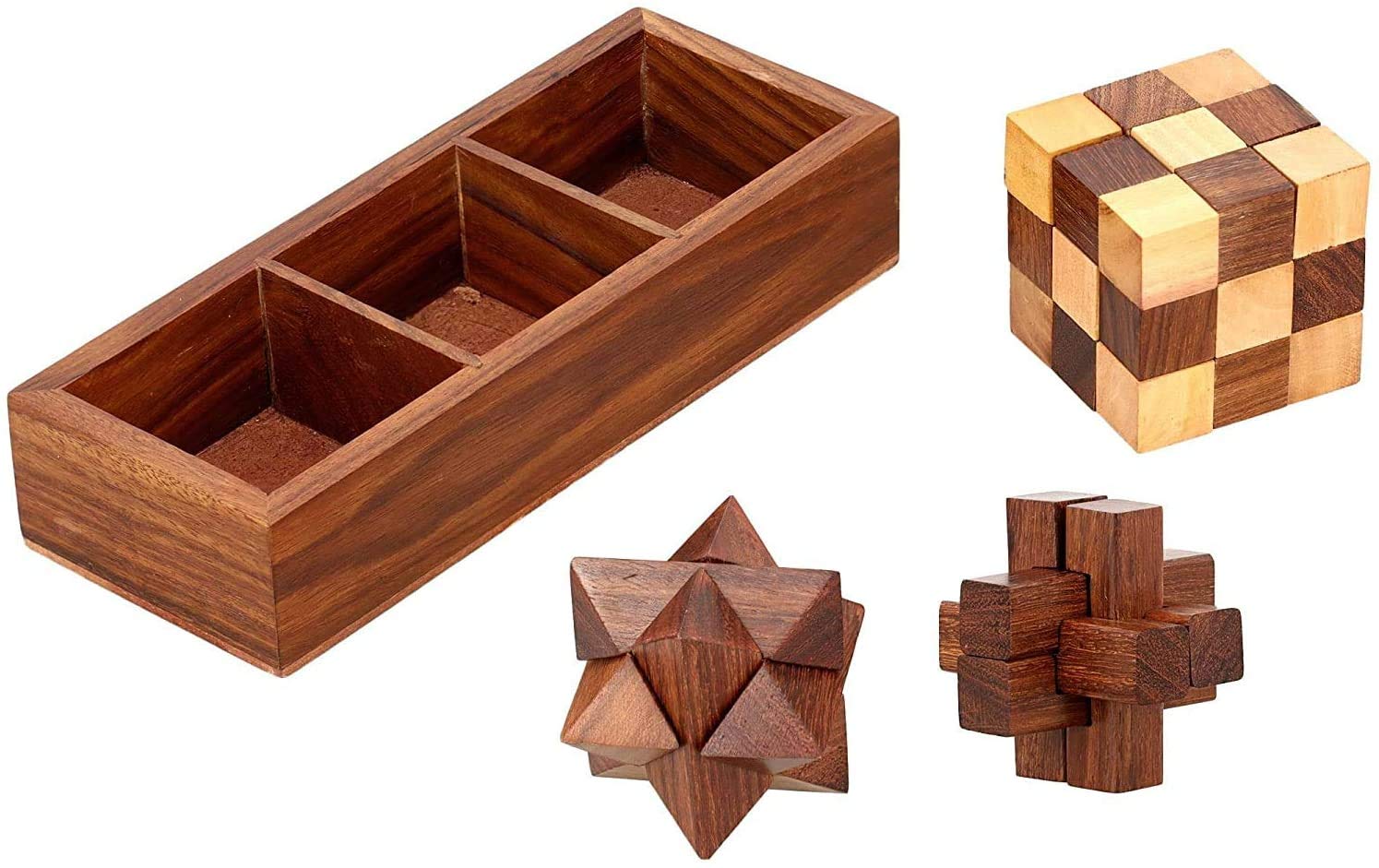 TOSQP27 Gift Wooden Brain Teaser Puzzle Set for Adults & Teens - 3-in-1 Interlocking Burr, Snake Cube & Star Puzzle with Handmade Wooden Storage Box