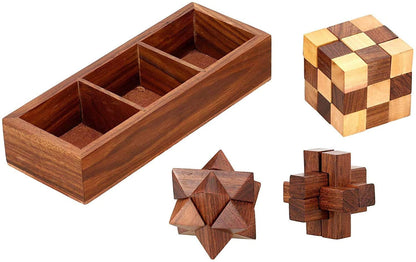 TOSQP27 Gift Wooden Brain Teaser Puzzle Set for Adults & Teens - 3-in-1 Interlocking Burr, Snake Cube & Star Puzzle with Handmade Wooden Storage Box