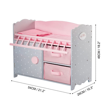 Olivia's Little World Wooden Baby Doll Crib with a Cabinet and Two Cubbies for Doll Accessory Storage Underneath, Pink and Gray and White Polka Dots