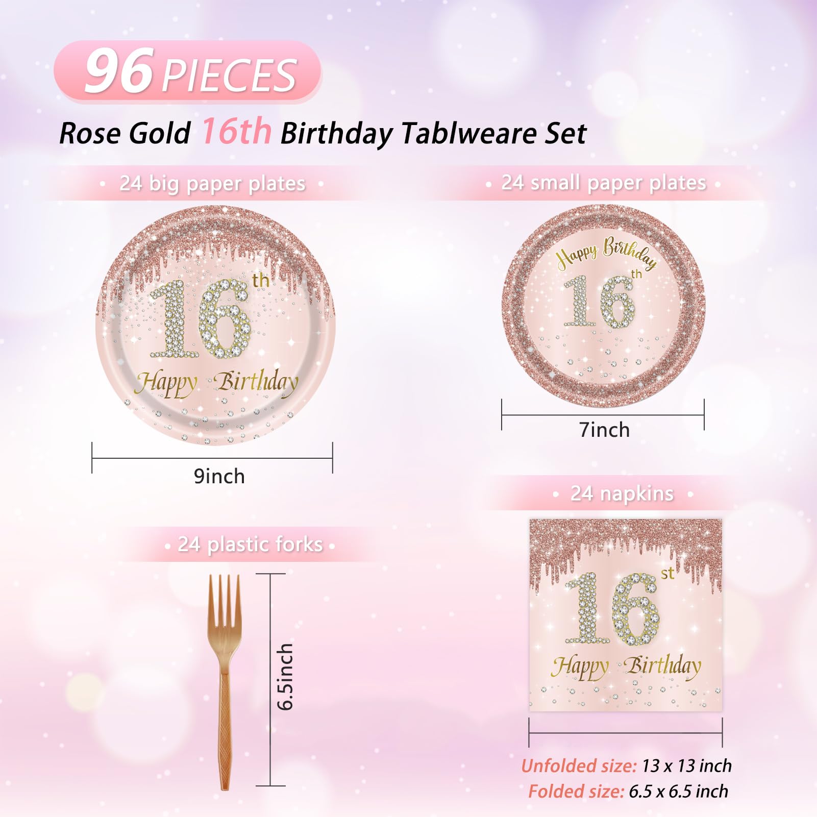 96 PCS Sweet 16 Party Decorations Rose Gold 16th Birthday Decorations for Girls16th Birthday Party Plates and Napkins Sweet Sixteen Birthday Party