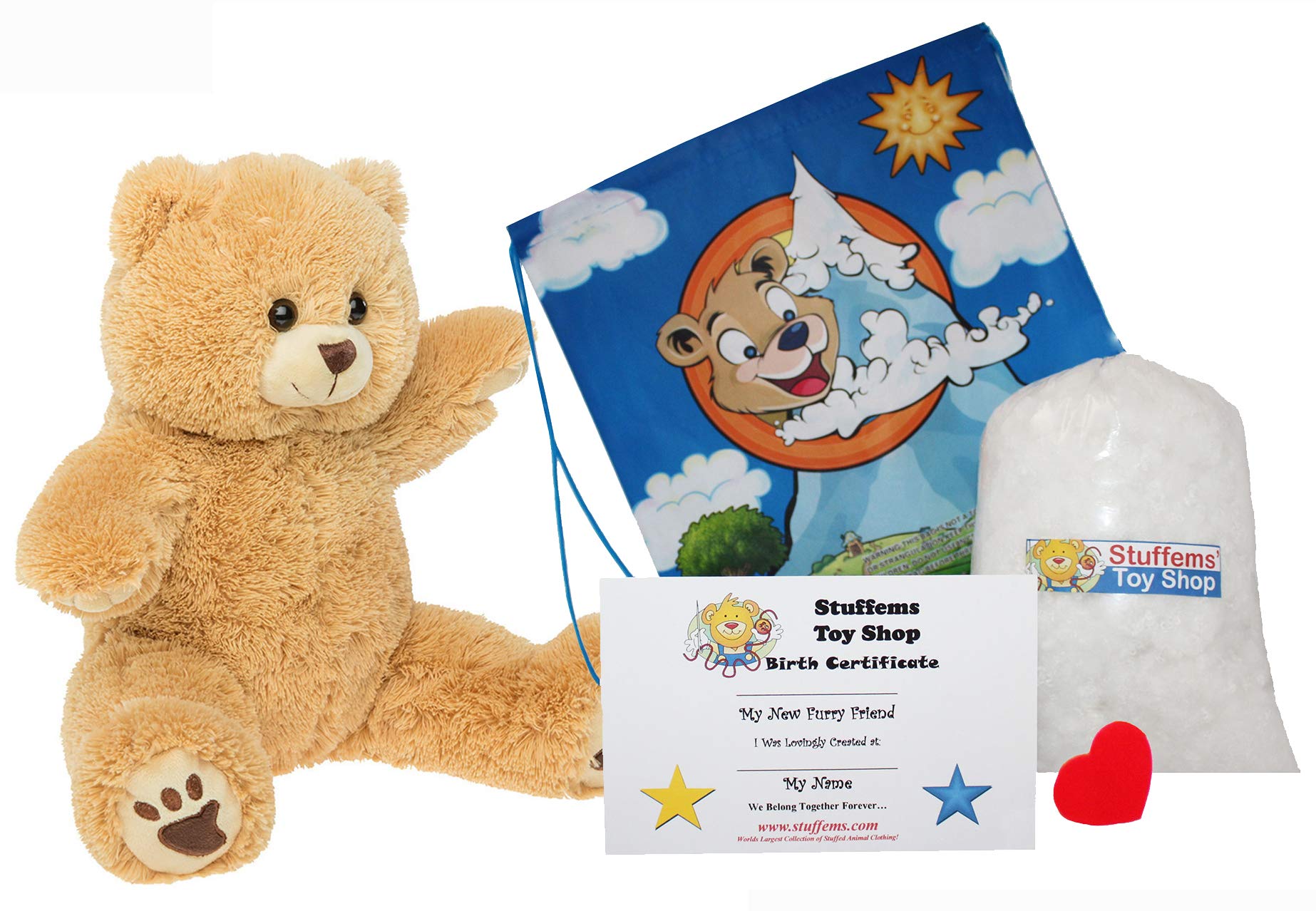 Stuffems Toy Shop Make Your Own Stuffed Animal 16" "Furry Brown Bear - No Sew - Kit with Cute Backpack!