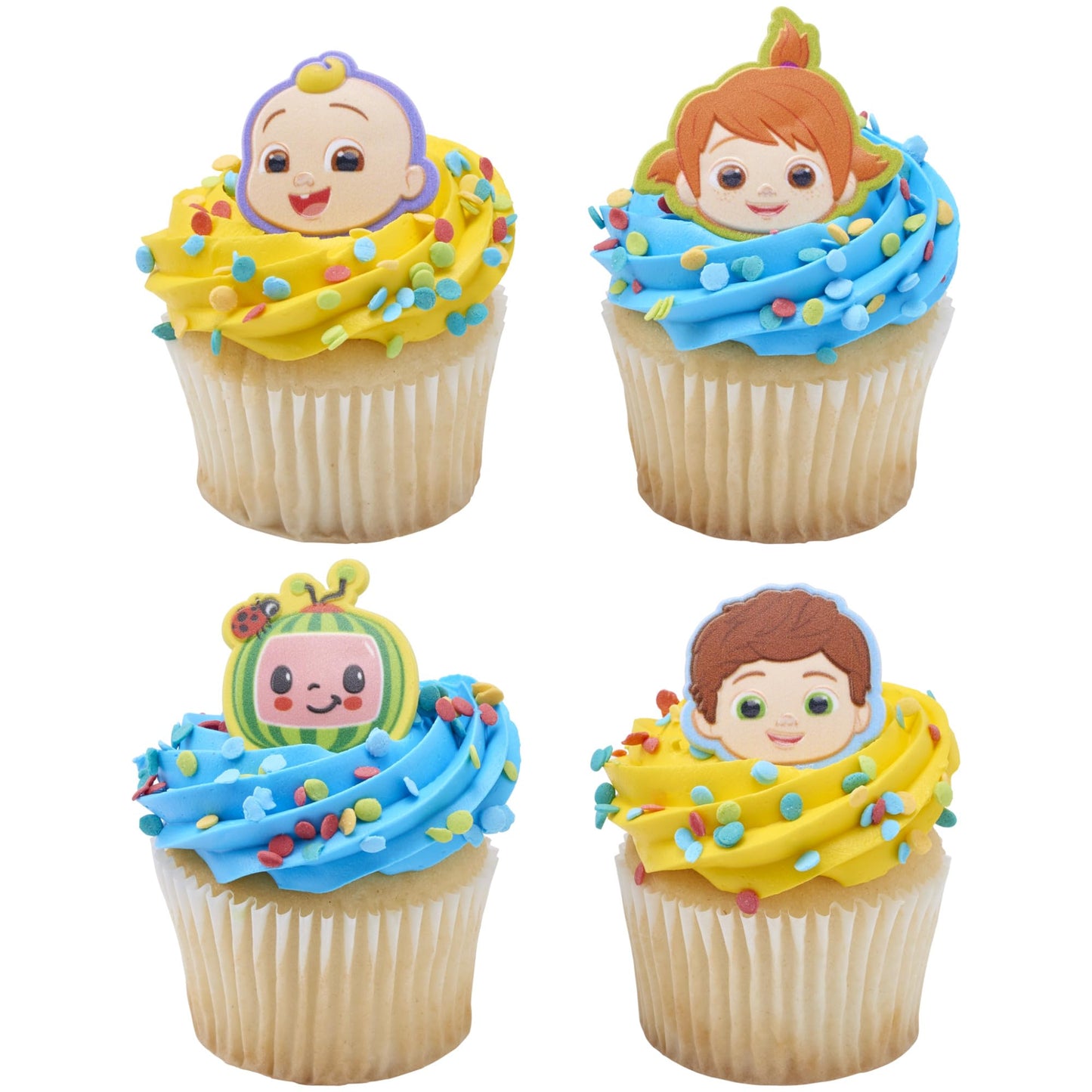 CoComelon Playtime Rings | 24 Cupcake Toppers Featuring JJ, YoYo & TomTom | DecoPac CoComelon Cake Decorations, Food Safe & Ready To Use - 24 Pack