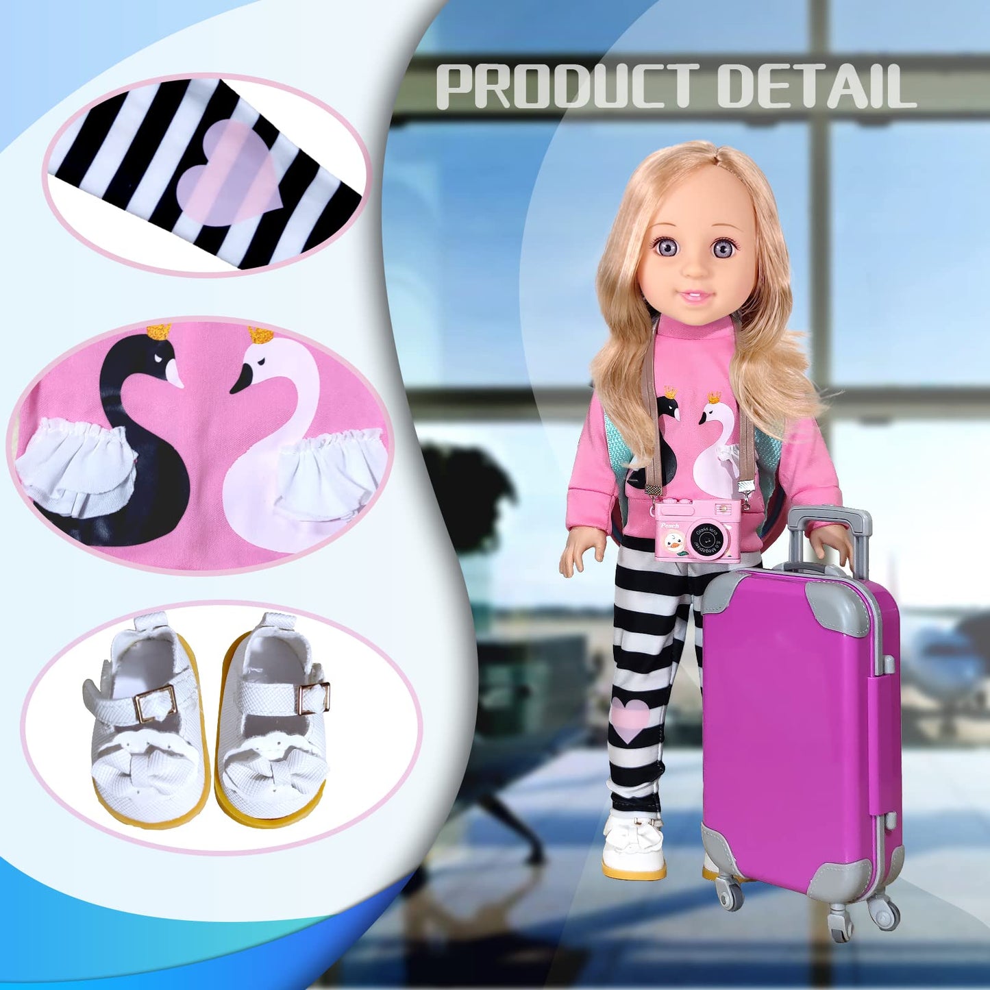 ARTST 14-Inch-Girl-Doll-Travel-Suitcase-Play-Set Doll- Clothes- Accessories Including Luggage Cute Backpack 2 Sets of Clothes- Shoes Camera Computer