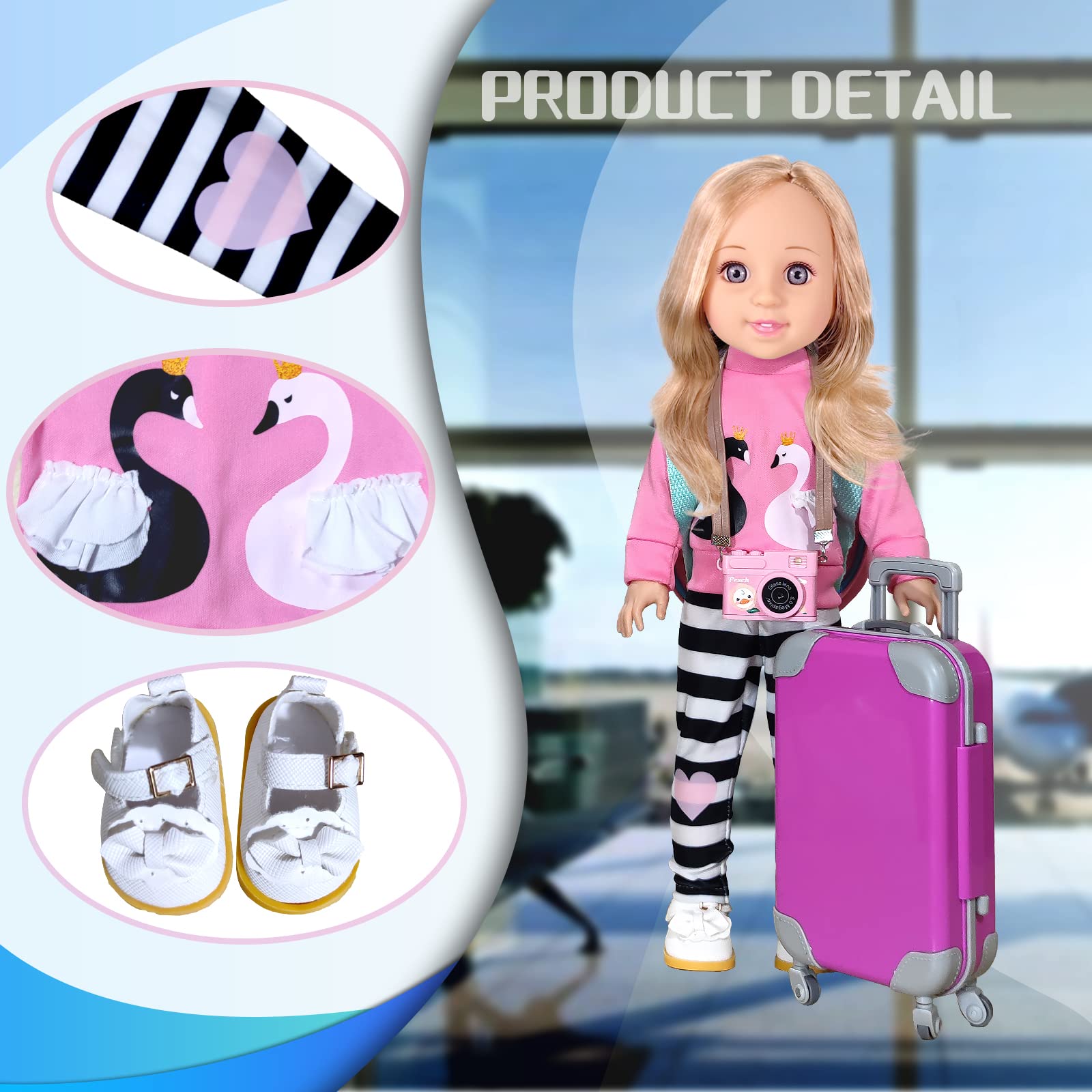 ARTST 14-Inch-Girl-Doll-Travel-Suitcase-Play-Set Doll- Clothes- Accessories Including Luggage Cute Backpack 2 Sets of Clothes- Shoes Camera Computer