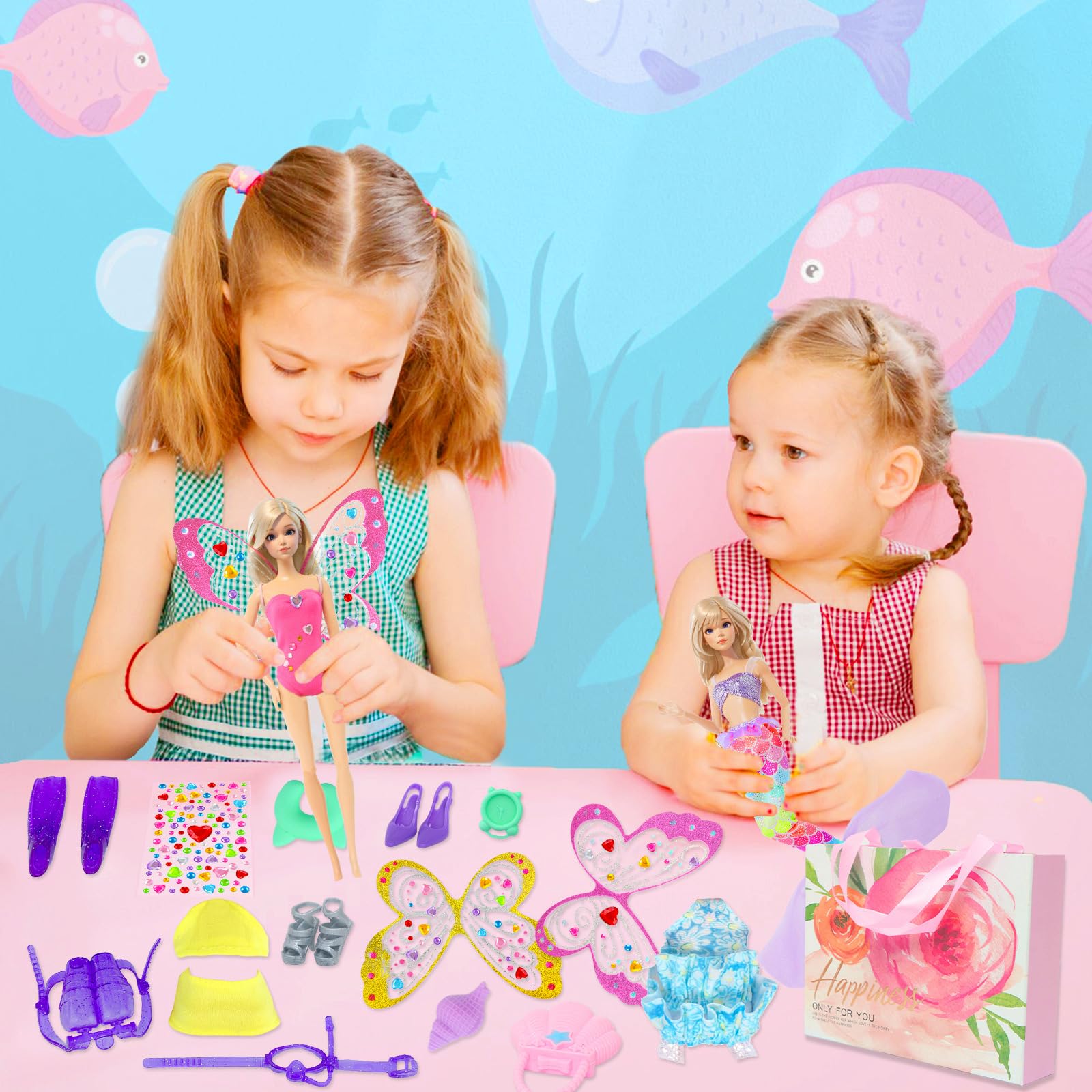 MCZQXW 40 Psc Doll Swimsuits Set, Bikini Clothes and Accessories for 11.5 inch Girl Doll Beach Bathing Outfits, Fishtail Skirt, Beach Chair