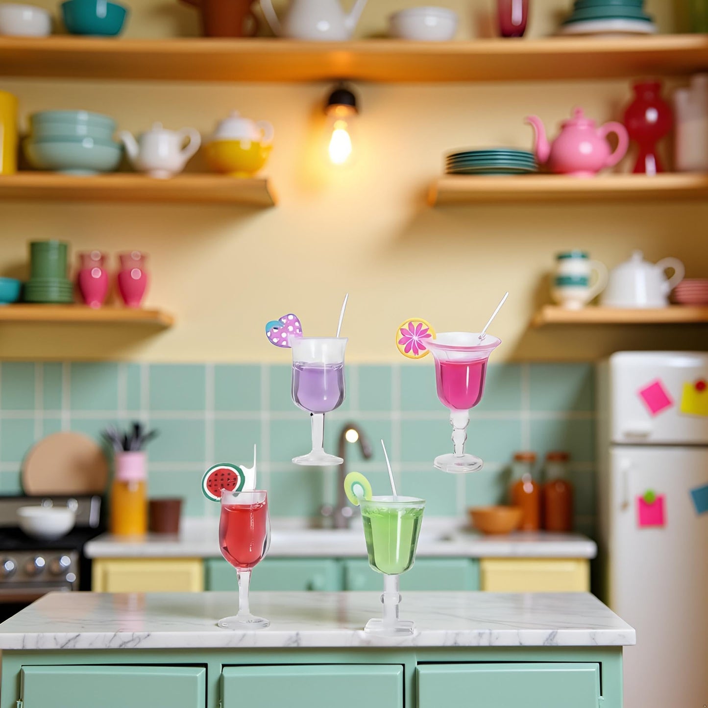 4 Pcs Miniature Dollhouse Juice and Wine Bottle Set - Resin Cocktail Cups, Simulated Drink Models for Dollhouse Kitchen Decor, Mini Props for DIY