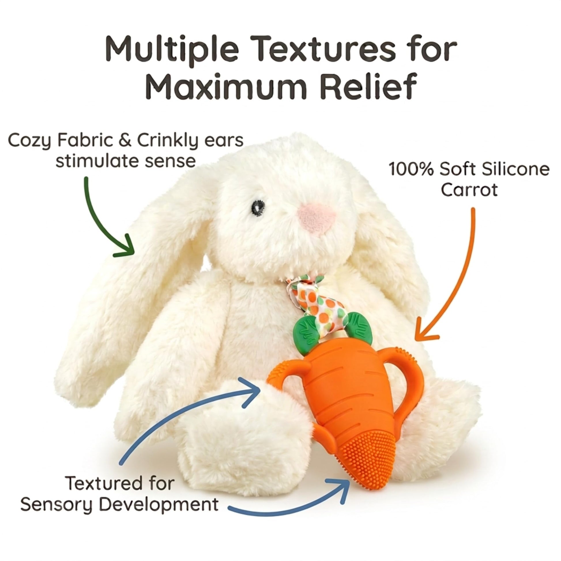 RaZbaby Bunny Snuggly w/Carrot Teething Relief Toy - Soothes Sore Gums w/Nature-Inspired Texture, 100% BPA-Free Silicone Teether, Soft Minky Stuffed