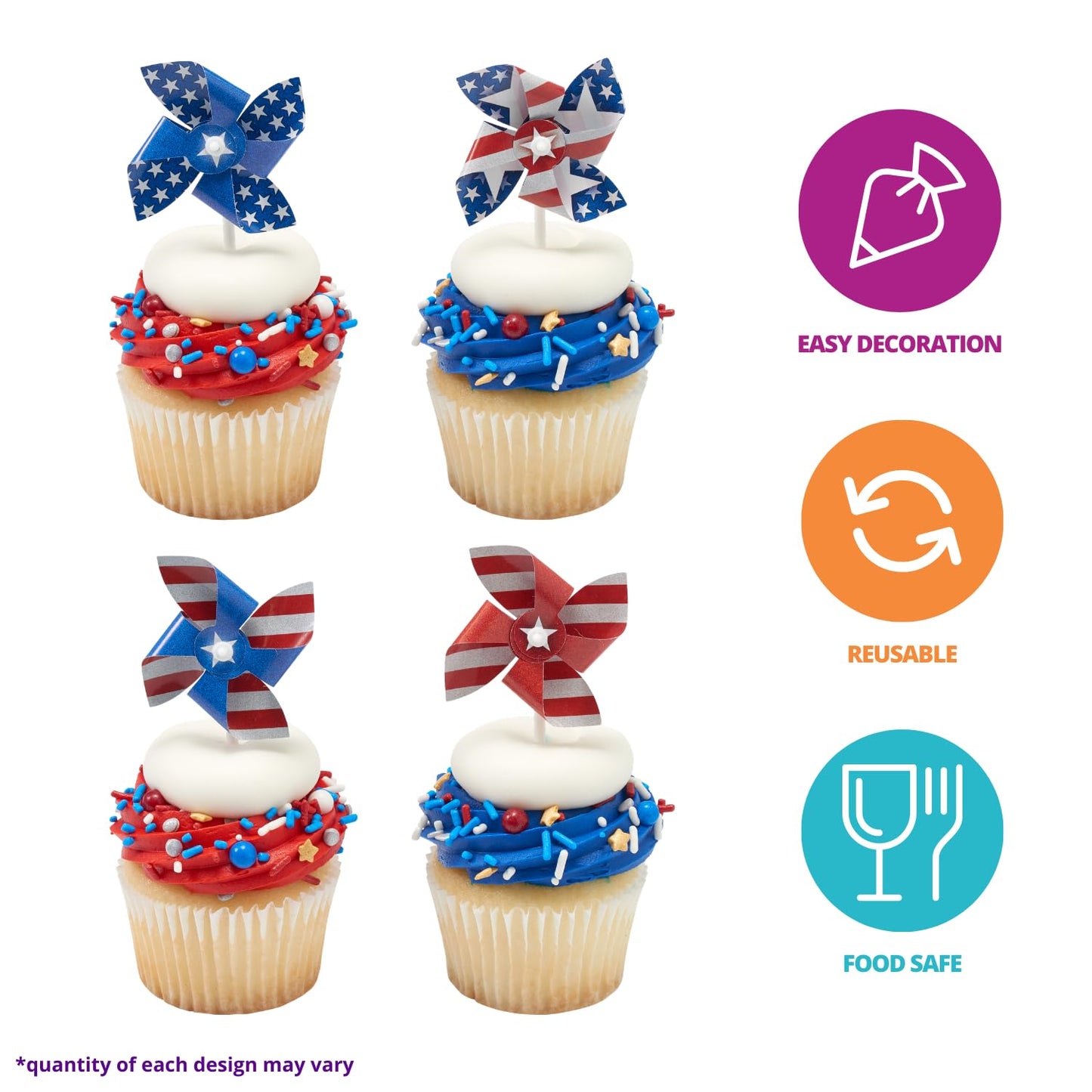 24 x Red, White, Blue Cupcake Toppers By DecoPac, Spinning Pinwheel Decorations, Patriotic Food Safe 4th July Party Decorations - 24 Pack