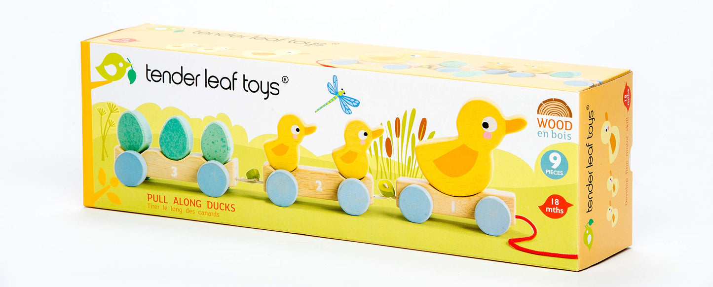 Tender Leaf Toys - Pull Along Ducks - Classic Wooden Pull Along Toy - 9pc Duck Family Set with 1 Mother Duck, 2 Baby Ducks, 3 Eggs and 3 Cars