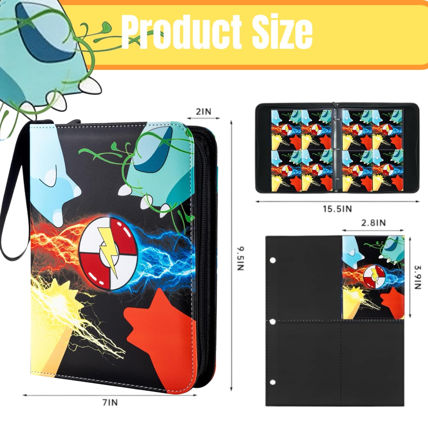 Card Binder 4 Pocket with Zipper, Trading Card Holder 50 Removable Sleeves - Holds 400 Cards, 3-Ring Album Case for Sports & Game Cards, Gift for Boys
