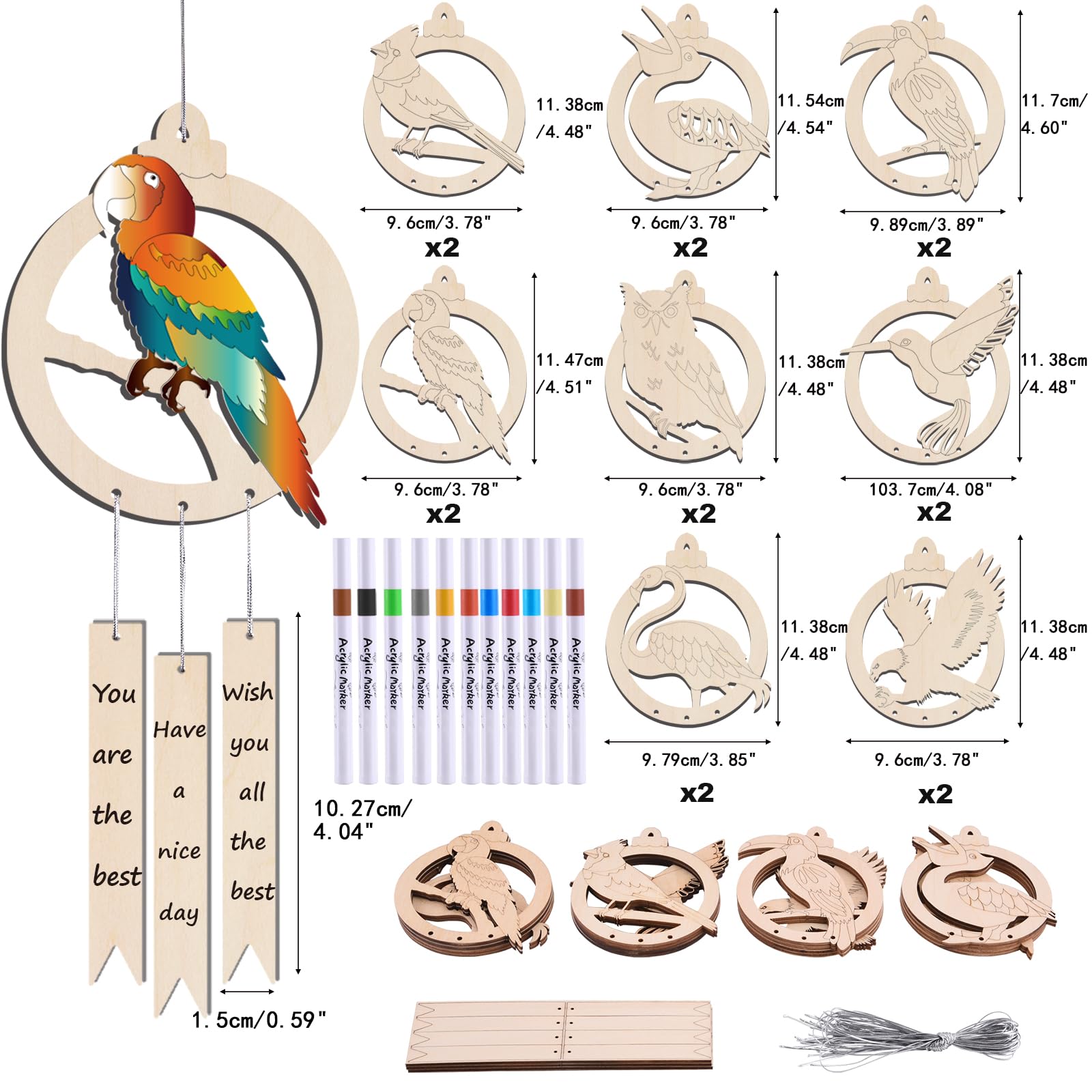 SIRPERICE 16 Pcs Wood Birds Wind Chime Kit, Make You Own Wind Chimes Hanging Ornament DIY Painting Art Craft, Blank Wood Arts and Crafts Kit