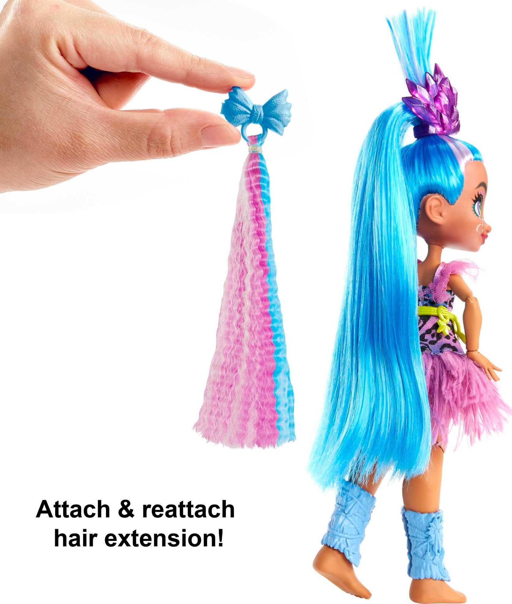 Mattel Cave Club Tella Doll (8 10-inch, Blue Hair) Poseable Prehistoric Fashion Doll with Dinosaur Pet and Accessories, Gift for 4 Year Olds and Up