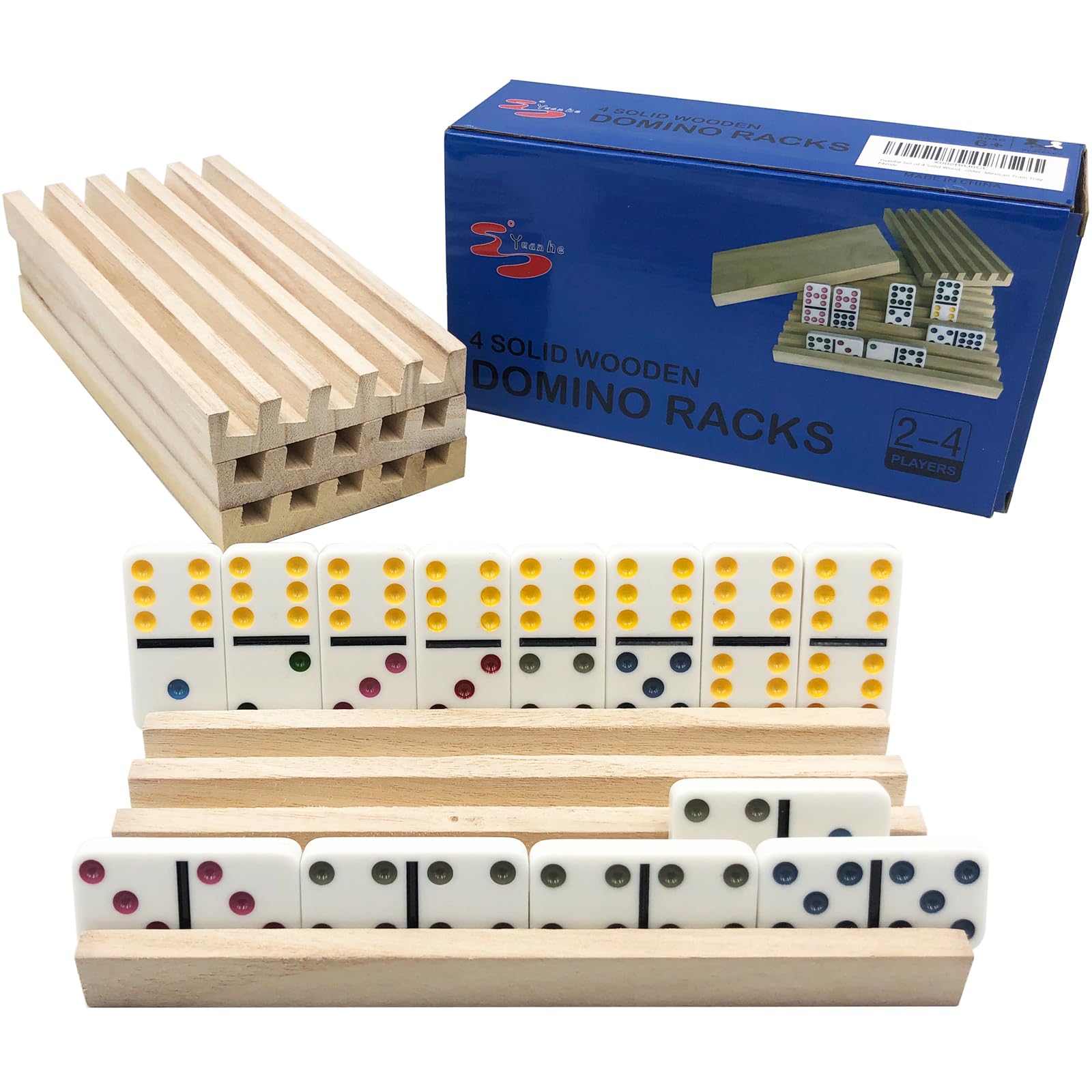 Yuanhe Domino Holder Trays Rack - Set of 4 Wooden Tiles Stand Holders for Mexican Train Rummy Chickenfoot
