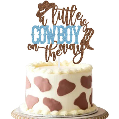 A Little Cowboy Is On The Way Cake Topper Boy Baby Shower Decoration Western Themed Party Supplies Blue