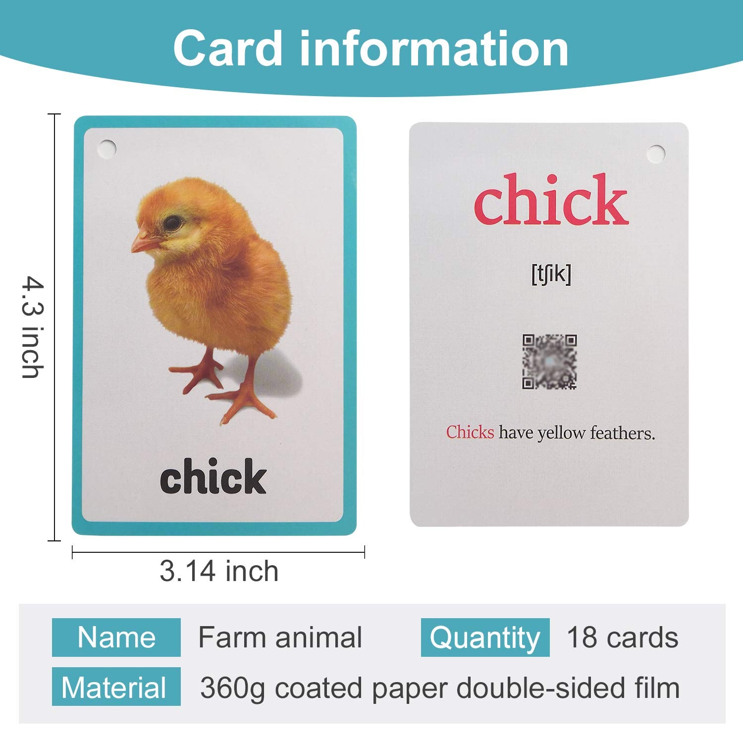 Zwttey 18PCS/Set Farm Animals Kids Gifts English Flash Cards Pocket Card Educational Learning Baby Toys for Children Pre-Kindergarten